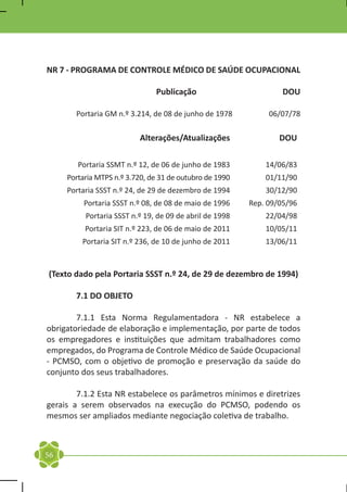 NR 7 - PROGRAMA DE CONTROLE MÉDICO DE SAÚDE OCUPACIONAL

                                  Publicação                         DOU

	          Portaria GM n.º 3.214, de 08 de junho de 1978	        06/07/78

                             Alterações/Atualizações                DOU

           Portaria SSMT n.º 12, de 06 de junho de 1983         14/06/83
        Portaria MTPS n.º 3.720, de 31 de outubro de 1990       01/11/90
        Portaria SSST n.º 24, de 29 de dezembro de 1994         30/12/90
             Portaria SSST n.º 08, de 08 de maio de 1996    Rep. 09/05/96
             Portaria SSST n.º 19, de 09 de abril de 1998       22/04/98
             Portaria SIT n.º 223, de 06 de maio de 2011        10/05/11
            Portaria SIT n.º 236, de 10 de junho de 2011        13/06/11
	

    (Texto dado pela Portaria SSST n.º 24, de 29 de dezembro de 1994)

	          7.1 DO OBJETO

	       7.1.1 Esta Norma Regulamentadora - NR estabelece a
obrigatoriedade de elaboração e implementação, por parte de todos
os empregadores e instituições que admitam trabalhadores como
empregados, do Programa de Controle Médico de Saúde Ocupacional
- PCMSO, com o objetivo de promoção e preservação da saúde do
conjunto dos seus trabalhadores.

	       7.1.2 Esta NR estabelece os parâmetros mínimos e diretrizes
gerais a serem observados na execução do PCMSO, podendo os
mesmos ser ampliados mediante negociação coletiva de trabalho.



56
 