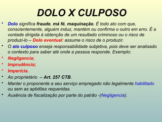 DOLO X CULPOSO
• Dolo significa fraude, má fé, maquinação. É todo ato com que,
conscientemente, alguém induz, mantém ou confirma o outro em erro. É a
vontade dirigida à obtenção de um resultado criminoso ou o risco de
produzi-lo – Dolo eventual: assume o risco de o produzir.
• O ato culposo enseja responsabilidade subjetiva, pois deve ser analisado
o contexto para saber até onde a pessoa responde. Exemplo:
• Negligencia;
• Imprudência;
• Imperícia.
• Ao proprietário – Art. 257 CTB.
• Manter o proponente a seu serviço empregado não legalmente habilitado
ou sem as aptidões requeridas.
• Ausência de fiscalização por parte do patrão -(Negligencia).
 