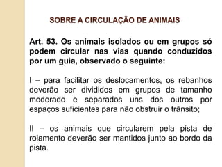 Art. 53. Os animais isolados ou em grupos só
podem circular nas vias quando conduzidos
por um guia, observado o seguinte:
I – para facilitar os deslocamentos, os rebanhos
deverão ser divididos em grupos de tamanho
moderado e separados uns dos outros por
espaços suficientes para não obstruir o trânsito;
II – os animais que circularem pela pista de
rolamento deverão ser mantidos junto ao bordo da
pista.
SOBRE A CIRCULAÇÃO DE ANIMAIS
 