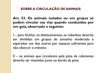 Art. 53. Os animais isolados ou em grupos só
podem circular nas vias quando conduzidos por
um guia, observado o seguinte:
I – para facilitar os deslocamentos, os rebanhos deverão
ser divididos em grupos de tamanho moderado e
separados uns dos outros por espaços suficientes para
não obstruir o trânsito;
II – os animais que circularem pela pista de rolamento
deverão ser mantidos junto ao bordo da pista.
SOBRE A CIRCULAÇÃO DE ANIMAIS
 