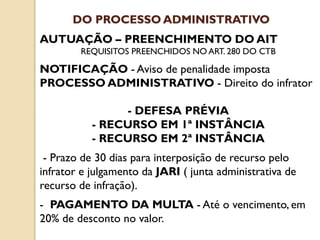AUTUAÇÃO – PREENCHIMENTO DO AIT
REQUISITOS PREENCHIDOS NO ART. 280 DO CTB
NOTIFICAÇÃO - Aviso de penalidade imposta
PROCESSO ADMINISTRATIVO - Direito do infrator
- DEFESA PRÉVIA
- RECURSO EM 1ª INSTÂNCIA
- RECURSO EM 2ª INSTÂNCIA
- Prazo de 30 dias para interposição de recurso pelo
infrator e julgamento da JARI ( junta administrativa de
recurso de infração).
- PAGAMENTO DA MULTA - Até o vencimento, em
20% de desconto no valor.
DO PROCESSO ADMINISTRATIVO
 