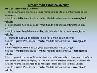 INFRAÇÕES DE ESTACIONAMENTO
Art. 181. Estacionar o veículo:
I – nas esquinas e a menos de cinco metros do bordo do alinhamento da via
transversal:
Infração – média; Penalidade – multa; Medida administrativa – remoção do
veículo;
II – afastado da guia da calçada (meio-fio) de cinquenta centímetros a um
metro:
Infração – leve; Penalidade – multa; Medida administrativa – remoção do
veículo;
III – afastado da guia da calçada (meio-fio) a mais de um metro:
Infração – grave; Penalidade – multa; Medida administrativa – remoção do
veículo;
IV – em desacordo com as posições estabelecidas neste código:
Infração – média; Penalidade – multa; Medida administrativa – remoção do
veículo;
VIII – no passeio ou sobre faixa destinada a pedestre, sobre ciclovia ou ciclofaixa,
bem como nas ilhas, refúgios, ao lado ou sobre canteiros centrais, divisores de
pista de rolamento, marcas de canalização, gramados ou jardim público:
Infração – grave; Penalidade – multa; Medida administrativa – remoção do
veículo;
 