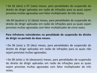 • De 02 (dois) a 07 (sete) meses, para penalidades de suspensão do
direito de dirigir aplicadas em razão de infrações para as quais sejam
previstas multas agravadas com fator multiplicador de três vezes;
•de 04 (quatro) a 12 (doze) meses, para penalidades de suspensão do
direito de dirigir aplicadas em razão de infrações para as quais sejam
previstas multas agravadas com fator multiplicador de cinco vezes.
Para infratores reincidentes na penalidade de suspensão do direito
de dirigir no período de doze meses:
• De 06 (seis) a 10 (dez) meses, para penalidades de suspensão do
direito de dirigir aplicadas em razão de infrações para as quais não
sejam previstas multas agravadas;
• De 08 (oito) a 16 (dezesseis) meses, para penalidades de suspensão
do direito de dirigir aplicadas em razão de infrações para as quais
sejam previstas multas agravadas com fator multiplicador de três
vezes;
 