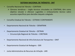 SISTEMA NACIONAL DE TRÂNSITO - SNT
• Conselho Nacional de Trânsito – CONTRAN
 Câmaras temáticas – órgão técnicos vinculados ao CONTRAN, têm como
objetivo estudar e oferecer sugestões e embasamento técnico sobre
assuntos específicos para decisões daquele colegiado.
• Conselho Estadual de Trânsito – CETRAN E CONTRANDIFE
• Departamento Nacional de Trânsito – DENATRAN
• Departamento Estadual de Trânsito – DETRAN
– Circunscrição Regional de Trânsito – CIRETRAN
• Departamento Nacional de Infra-Estrutura de Transportes – DNIT
• Departamento Estadual de Rodagens - DER
• Junta Administrativa de Recursos de Infração - JARI
 