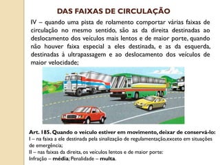 IV – quando uma pista de rolamento comportar várias faixas de
circulação no mesmo sentido, são as da direita destinadas ao
deslocamento dos veículos mais lentos e de maior porte, quando
não houver faixa especial a eles destinada, e as da esquerda,
destinadas à ultrapassagem e ao deslocamento dos veículos de
maior velocidade;
Art. 185. Quando o veículo estiver em movimento, deixar de conservá-lo:
I – na faixa a ele destinada pela sinalização de regulamentação,exceto em situações
de emergência;
II – nas faixas da direita, os veículos lentos e de maior porte:
Infração – média; Penalidade – multa.
DAS FAIXAS DE CIRCULAÇÃO
 