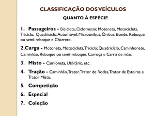 QUANTO À ESPÉCIE
1. Passageiros - Bicicleta, Ciclomotor, Motoneta, Motocicleta,
Triciclo, Quadricíclo,Automóvel, Microônibus, Ônibus, Bonde, Reboque
ou semi-reboque e Charrete.
2.Carga - Motoneta, Motocicleta,Triciclo,Quadricíclo, Caminhonete,
Caminhão, Reboque ou semi-reboque, Carroça e Carro de mão.
3. Misto - Camioneta, Utilitário, etc.
4. Tração - Caminhão,Trator,Trator de Rodas,Trator de Esteiras e
Trator Misto.
5. Competição
6. Especial
7. Coleção
CLASSIFICAÇÃO DOSVEÍCULOS
 
