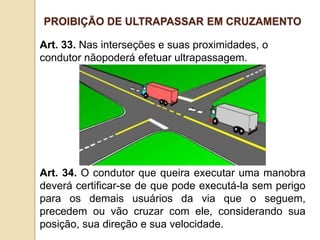Art. 33. Nas interseções e suas proximidades, o
condutor nãopoderá efetuar ultrapassagem.
Art. 34. O condutor que queira executar uma manobra
deverá certificar-se de que pode executá-la sem perigo
para os demais usuários da via que o seguem,
precedem ou vão cruzar com ele, considerando sua
posição, sua direção e sua velocidade.
PROIBIÇÃO DE ULTRAPASSAR EM CRUZAMENTO
 