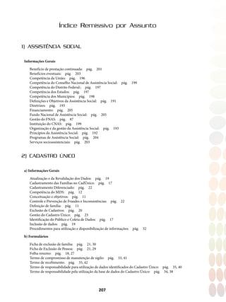 207
Índice Remissivo por Assunto
1) ASSISTÊNCIA SOCIAL
Informações Gerais
Benefício de prestação continuada:  pág.  201
Benefícios eventuais: pág. 203
Competência da União:  pág.  196
Competência do Conselho Nacional de Assistência Social:  pág.  199
Competência do Distrito Federal::  pág.  197
Competência dos Estados:  pág.  197
Competência dos Municípios:  pág.  198
Definições e Objetivos da Assistência Social:  pág.  191
Diretrizes: pág. 193
Financiamento: pág. 205
Fundo Nacional de Assistência Social:  pág.  205
Gestão do FNAS:  pág.  87
Instituição do CNAS:  pág.  199
Organização e da gestão da Assistência Social:  pág.  193
Princípios da Assistência Social:  pág.  192
Programas de Assistência Social:  pág.  204
Serviços socioassistenciais: pág. 203
2) CADASTRO ÚNICO
a) Informações Gerais
Atualização e da Revalidação dos Dados:  pág.  19
Cadastramento das Famílias no CadÚnico:  pág.  17
Cadastramento Diferenciado: pág. 22
Competência do MDS:  pág.  12
Conceituação e objetivos:  pág.  11
Controle e Prevenção de Fraudes e Inconsistências:  pág.  22
Definição de família:  pág.  11
Exclusão de Cadastros:  pág.  20
Gestão do Cadastro Único:  pág.  23
Identificação do Público e Coleta de Dados:  pág.  17
Inclusão de dados:  pág.  19
Procedimentos para utilização e disponibilização de informações:  pág.  32
b) Formulários
Ficha de exclusão de família:  pág.  21, 30
Ficha de Exclusão de Pessoa:  pág.  21, 29
Folha resumo:  pág.  18, 27
Termo de compromisso de manutenção de sigilo:  pág.  33, 41
Termo de recebimento:  pág.  35, 42
Termo de responsabilidade para utilização de dados identificados do Cadastro Único:  pág.  35, 40
Termo de responsabilidade pela utilização da base de dados do Cadastro Único:  pág.  34, 38
 