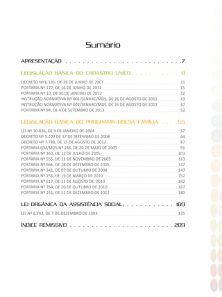 Sumário
APRESENTAÇÃO .  .  .  .  .  .  .  .  .  .  .  .  .  .  .  .  .  .  .  .  .  .  .  .  .  .  . 7
LEGISLAÇÃO BÁSICA DO CADASTRO ÚNICO.  .  .  .  .  .  .  .  .  .  .  . 9
DECRETO Nº 6.135, DE 26 DE JUNHO DE 2007	 11
PORTARIA Nº 177, DE 16 DE JUNHO DE 2011	 15
PORTARIA Nº 10, DE 30 DE JANEIRO DE 2012	 32
INSTRUÇÃO NORMATIVA Nº 001/SENARC/MDS, DE 26 DE AGOSTO DE 2011	 43
INSTRUÇÃO NORMATIVA Nº 002/SENARC/MDS, DE 26 DE AGOSTO DE 2011	 47
PORTARIA Nº 94, DE 4 DE SETEMBRO DE 2013	 52
LEGISLAÇÃO BÁSICA DO PROGRAMA BOLSA FAMÍLIA .  .  .  . 55
LEI Nº 10.836, DE 9 DE JANEIRO DE 2004	 57
DECRETO Nº 5.209 DE 17 DE SETEMBRO DE 2004	 64
DECRETO Nº 7.788, DE 15 DE AGOSTO DE 2012	 87
PORTARIA GM/MDS Nº 246, DE 20 DE MAIO DE 2005	 91
PORTARIA Nº 360, DE 12 DE JULHO DE 2005	 103
PORTARIA Nº 555, DE 11 DE NOVEMBRO DE 2005	 113
PORTARIA Nº 666, DE 28 DE DEZEMBRO DE 2005	 137
PORTARIA Nº 341, DE 07 DE OUTUBRO DE 2008	 147
PORTARIA Nº 256, DE 19 DE MARÇO DE 2010	 152
PORTARIA Nº 617, DE 11 DE AGOSTO DE 2010	 162
PORTARIA Nº 754, DE 20 DE OUTUBRO DE 2010	 167
PORTARIA Nº 251, DE 12 DE DEZEMBRO DE 2012	 180
LEI ORGÂNICA DA ASSISTÊNCIA SOCIAL. .  .  .  .  .  .  .  .  .  .  .  . 189
LEI Nº 8.742, DE 7 DE DEZEMBRO DE 1993	 191
ÍNDICE REMISSIVO.  .  .  .  .  .  .  .  .  .  .  .  .  .  .  .  .  .  .  .  .  .  .  . 209
 