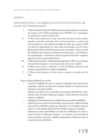 C A D E R N O D E L E G I S L A Ç Ã O E M S A Ú D E D O T R A B A L H A D O R
119
ANEXO I
DIRETRIZES PARA A ELABORAÇÃO DO PLANO ESTADUAL DE
SAÚDE DO TRABALHADOR
I - OPlanoEstadualdeSaúdedoTrabalhadordeveráserelaboradopelaCoordenação,
em conjunto com os CRST, articulado com o COSEMS e com a participação
das instâncias de controle social do SUS.
II - O Plano deverá apresentar as ações assumidas diretamente pelos estados,
segundo as diretrizes apontadas abaixo. Deverá apresentar o conjunto das
ações propostas por cada região/microrregião de saúde, que compõe o PDR
ou esboço de regionalização de cada estado, denominados aqui de Planos
Regionais de Saúde doTrabalhador, que deverão contemplar as ações em saúde
do trabalhador desenvolvidas nos diferentes níveis de atenção – da rede básica à
alta complexidade – envolvendo os diferentes gestores municipais e regionais,
segundo as diretrizes apresentadas abaixo.
III - OPlanodeveráestabeleceradistribuiçãoregionalizadadosCRST,comaindicação
das regiões/microrregiões e os municípios-pólo onde estarão sediados.
IV - O Plano deverá conter a indicação, ao nível do Módulo Assistencial, das
referências especializadas em saúde do trabalhador.
V - O Plano deverá apresentar a forma como se organiza o controle social do
SUS.
Ações de Responsabilidade dos estados:
• controle da qualidade das ações em saúde do trabalhador desenvolvidas pelos
municípios, conforme mecanismos de avaliação deﬁnidos em conjunto com as
Secretarias municipais de Saúde;
• deﬁnição,emconjuntocomosmunicípios,demecanismosdereferênciaecontra-
referência, além de outras medidas para assegurar o desenvolvimento de ações de
assistência e vigilância;
• capacitaçãoderecursoshumanosparaarealizaçãodasaçõesemsaúdedotrabalhador;
• estabelecimento de rotinas de sistematização, processamento e análise dos dados
sobre saúde do trabalhador, gerados nos municípios e no seu próprio campo de
atuação e, de alimentação regular das bases de dados estaduais e municipais;
• elaboração do perﬁl epidemiológico da saúde dos trabalhadores no estado, a
partir de fontes de informação existentes e, se necessário, por intermédio de
estudos especíﬁcos, com vistas a subsidiar a programação e avaliação das ações de
atenção à saúde do trabalhador;
 