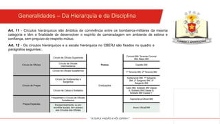 "A DUPLA MISSÃO A NÓS ESPERA!"
Art. 11 - Círculos hierárquicos são âmbitos de convivência entre os bombeiros-militares da mesma
categoria e têm a finalidade de desenvolver o espírito de camaradagem em ambiente de estima e
confiança, sem prejuízo do respeito mútuo.
Generalidades – Da Hierarquia e da Disciplina
Art. 12 - Os círculos hierárquicos e a escala hierárquica no CBERJ são fixados no quadro e
parágrafos seguintes:.
Círculo de Oficiais
Círculo de Oficiais Superiores
Postos
Coronel BM, Tenente-Coronel
BM, Major BM
Círculo de Oficiais
Intermediários
Capitão BM
Círculo de Oficiais Subalternos
1º Tenente BM, 2º Tenente BM
Círculo de Praças
Círculo de Subtenentes e
Sargentos
Graduações
Subtenente BM, 1º Sargento
BM, 2º Sargento BM, 3º
Sargento BM
Círculo de Cabos e Soldados
Cabo BM, Soldado BM Classe
A, Soldado BM Classe B,
Soldado BM Classe C
Praças Especiais
Frequentam o Círculo de Oficiais
Subalternos
Aspirante-a-Oficial BM
Excepcionalmente, ou em
reuniões sociais, tem acesso
aos Círculos dos Oficiais
Aluno Oficial BM
 