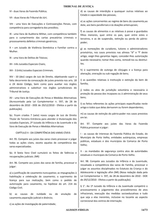 TRIBUNAL DE JUSTIÇA
VI - duas Varas da Fazenda Pública;                               d) as causas de interdição e quaisquer outras relativas ao
                                                                  Estado e capacidade das pessoas;
VII - duas Varas do Tribunal do Júri;
                                                                  e) as ações concernentes ao regime de bens do casamento,ao
VIII - uma Vara de Execuções e Contravenções Penais, com          dote, aos bens parafernais e às doações antenupciais;
competência para corregedoria dos presídios;
                                                                  f) as causas de alimentos e as relativas à posse e guardados
IX - uma Vara de Auditoria Militar, com competência também        filhos menores, quer entre os pais, quer entre estes e
para o cumprimento das cartas precatórias criminais e             terceiros, e as de suspensão, extinção ou perda do pátrio-
processamento defeitos criminais genéricos;                       poder;
X – um Juizado de Violência Doméstica e Familiar contra a         g) as nomeações de curadores, tutores e administradores
Mulher.                                                           provisórios, nos casos previstos nas alíneas “d” e “f’ deste
                                                                  artigo; exigir-Ihes garantias legais; conceder-Ihes autorização
XI - uma Vara de Delitos de Tóxicos;
                                                                  quando necessário; tomar-Ihes conta, removê-Ios ou destituí-
XII - três Juizados Especiais Cíveis;                             los;

XIII - 3 (três) Juizados Especiais Criminais.                     h) o suprimento de outorga de cônjuges e a licença para
                                                                  alienação, oneração ou sub-rogação de bens;
XIV - 10 (dez) cargos de Juiz de Direito, objetivando suprir a
falta decorrente da convocação de juízes prevista nos arts. 18    i) as questões relativas à instituição e extinção do bem de
e 24 deste Código, bem como para auxiliar nos órgãos              família;
administrativos e substituir nos órgãos jurisdicionais do
                                                                  j) todos os atos de jurisdição voluntária e necessária à
Tribunal de Justiça.
                                                                  proteção da pessoa dos incapazes ou à administração de seus
XV - uma Vara de Execuções de Penas e Medidas Alternativas        bens;
(Acrescentado pela Lei Complementar n. 597, de 28 de
                                                                  I) os feitos referentes às ações principais especificadas neste
dezembro de 2010 - DOE de 29/12/2010 - Efeitos a partir da
                                                                  artigo e todos que delas derivarem ou forem dependentes;
publicação).
                                                                  m) as causas de extinção do pátrio-poder nos casos previstos
§ú. Ficam criados 7 (sete) novos cargos de Juiz de Direito
                                                                  em lei.
Titular de Terceira Entrância para atender à titularização dos
Juizados Especiais, 2º Juizado da Infância e da Juventude e da    Art. 97. Compete aos juízes das Varas da Fazenda
Vara de Execução de Penas e Medidas Alternativas                  Pública,processar e julgar:

      CAPÍTULO II - DA COMPETÊNCIA DAS VARAS CÍVEIS               I - as causas de interesse da Fazenda Pública do Estado, do
                                                                  Município de Porto Velho, entidades autárquicas, empresas
Art. 95. Compete aos juízes das varas cíveis processar e julgar
                                                                  públicas, estaduais e dos municípios da Comarca de Porto
todas as ações cíveis, exceto aquelas de competência das
                                                                  Velho;
varas especializadas.
                                                                  II - os mandados de segurança contra atos de autoridades
§ú. A Sexta Vara Cível cumulará os feitos de falências e
                                                                  estaduais e municipais da Comarca de Porto Velho.
recuperações judiciais. (NR)
                                                                  Art. 98. Compete aos Juizados da Infância e da Juventude,
Art. 96. Compete aos juízes das varas de família, processar e
                                                                  ressalvada a competência das varas de Família, processar e
julgar:
                                                                  julgar os assuntos disciplinados no Estatuto da Criança e do
a) a justificação de casamento nuncupativo; as impugnações à      Adolescente e legislação afim (NR) (Nova redação dada pela
habilitação e celebração de casamento; o suprimento de            Lei Complementar n. 597, de 28 de dezembro de 2010 - DOE
licença para sua realização, bem como o pedido de                 de 29/12/2010 - Efeitos a partir da publicação).
autorização para casamento, na hipótese do art. 214 do
                                                                  § 1°. Ao 1º Juizado da Infância e da Juventude competirá o
Código Civil;
                                                                  processamento e julgamento dos procedimentos de atos
b) as causas de nulidade ou de                  anulação    de    infracionais, execução das medidas socioeducativas e tudo
casamento,separação judicial e divórcio;                          que seja a elas inerentes, inclusive no tocante ao aspecto
                                                                  correicional dos centros de internação.
c) as ações de investigação de paternidade;

                                                    ALISSON FIDELIS                                                        14/73
 
