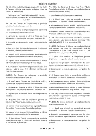 TRIBUNAL DE JUSTIÇA
Art. 107-A. Fica criado 1 (um) cargo de Juiz de Direito Titular    Art. 108-B. Nas Comarcas de Jaru, Ouro Preto D’Oeste,
de Terceira Entrância para atender ao Juizado criado na            Pimenta Bueno e Rolim de Moura, a prestação jurisdicional
comarca de Ji-Paraná (AC)                                          será realizada por meio de (NR)

  CAPÍTULO II - DAS COMARCAS DE ARIQUEMES, CACOAL,                 I - 1 (uma) vara criminal, de competência genérica;
GUAJARÁ-MIRIM, JARU, PIMENTA BUENO, ROLIM DEMOURA
                       E VlLHENA                                   II - 2 (duas) varas cíveis, de competência genérica,
                                                                   1ª(primeira) e 2ª (segunda), cabendo cumulativamente:
Art. 108. Na Comarca de Guajará-Mirim, a prestação
jurisdicional será realizada por meio de:                          a) à primeira vara os assuntos relativos a Registros Públicos e
                                                                   Corregedoria Permanente dos Cartórios Extrajudiciais;
I - duas varas criminais, de competência genérica, 1ª(primeira)
e 2ª (Segunda), cabendo cumulativamente:                           b) à segunda assuntos relativos ao Juizado da Infância e da
                                                                   Juventude, nos termos do artigo 98 deste Código.
a) à primeira vara processar e instruir os feitos dos crimes
dolosos contra a vida, organizar e presidir o Tribunal do Júri;    III - 01 (um) Juizado Especial com competência cumulativa
                                                                   para processar e julgar as causas Cíveis e Criminais previstas
b) à segunda vara as execuções penais e corregedoria dos           na Lei Federal9.099, de 26 de setembro de 1995.
presídios;
                                                                   Art. 108-C. Na Comarca de Vilhena a prestação jurisdicional
II - duas varas cíveis, de competência genérica, 1ª (primeira)e    será realizada por meio de: (Acrescentado pela Lei
2a (segunda), cabendo cumulativamente:                             Complementar n. 245,de 18 de junho de 2001 - D.O.E. de
                                                                   18/6/2001 - Efeitos a partir de 18/6/2001).
a) à primeira vara os assuntos relativos aos Registros Públicos
e Corregedoria Permanente dos Cartórios Extrajudiciais;            I - 2 (duas) varas criminais, de competência genérica,
                                                                   1ª(primeira) e 2ª (segunda), cabendo cumulativamente:
b) à segunda vara os assuntos relativos ao Juizado da Infância
e da Juventude, nos termos do artigo 98 deste Código.              a) à primeira vara processar e instruir os feitos dos crimes
                                                                   dolosos contra a vida, organizar e presidir o Tribunal do Júri;
II - 01 (um) Juizado Especial com competência cumulativa para
processar e julgar as causas Cíveis e Criminais previstas na Lei   b) à segunda vara as execuções penais e a corregedoria dos
Federal nº 9.099, de 1995.                                         presídios;

Art.108-A. Na Comarca de Ariquemes,              a    prestação    II - 4 (quatro) varas cíveis, de competência genérica, de
jurisdicional será realizada por meio de:                          1ª(primeira) a 4ª (quarta), competindo cumulativamente:

I - 2 (duas) Varas Criminais, de competência genérica,             a) à primeira vara os assuntos relativos a Registros Públicos e
1ª(primeira) e 2ª (segunda), cabendo cumulativamente:              Corregedoria Permanente dos Cartórios Extrajudiciais;

a) à primeira vara processar e instruir os feitos dos crimes       b) à segunda vara os assuntos relativos ao Juizado da Infância
dolosos contra a vida, organizar e presidir o Tribunal do Júri;    e da Juventude, nos termos do artigo 98 deste Código.

b) à segunda vara as execuções penais e a corregedoria dos         III - 01 (um) Juizado Especial com competência cumulativa
presídios;                                                         para processar e julgar as causas Cíveis e Criminais previstas
                                                                   na Lei Federal n. 9.099, de 1995.
II - 4 (quatro) varas cíveis, de competência genérica, de
1ª(primeira) a 4ª (quarta), cabendo cumulativamente:               Art. 108-D. Na Comarca de Cacoal, a prestação jurisdicional
                                                                   será realizada por meio de:
a) à primeira vara os assuntos relativos a Registros Públicos e
Corregedoria Permanente dos Cartórios Extrajudiciais;              I - 2 (duas) vara criminais de competência genérica,
                                                                   1ª(primeira) e 2a (segunda), cabendo cumulativamente:
b) à segunda vara os assuntos relativos ao Juizado da Infância
e Juventude, nos termos do artigo 98 deste Código.                 a) à primeira vara processar e instruir os feitos dos crimes
                                                                   dolosos contra a vida, organizar e presidir o Tribunal do Júri;
III - 01 (um) Juizado Especial com competência cumulativa
para processar e julgar as causas Cíveis e Criminais previstas     b) à segunda vara as execuções penais e a corregedoria dos
na Lei Federal n. 9.099, de 1995.                                  presídios;


                                                      ALISSON FIDELIS                                                       16/73
 