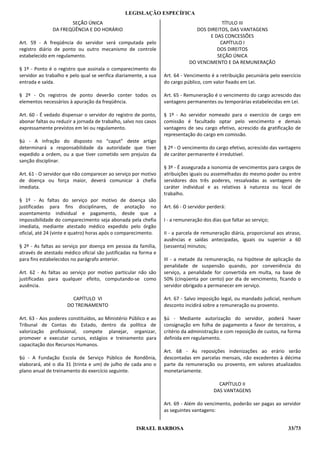 LEGISLAÇÃO ESPECÍFICA
                      SEÇÃO ÚNICA                                                         TÍTULO III
               DA FREQÜÊNCIA E DO HORÁRIO                                       DOS DIREITOS, DAS VANTAGENS
                                                                                     E DAS CONCESSÕES
Art. 59 - A freqüência do servidor será computada pelo                                   CAPÍTULO I
registro diário de ponto ou outro mecanismo de controle                                 DOS DIREITOS
estabelecido em regulamento.                                                            SEÇÃO ÚNICA
                                                                             DO VENCIMENTO E DA REMUNERAÇÃO
§ 1º - Ponto é o registro que assinala o comparecimento do
servidor ao trabalho e pelo qual se verifica diariamente, a sua   Art. 64 - Vencimento é a retribuição pecuniária pelo exercício
entrada e saída.                                                  do cargo público, com valor fixado em Lei.

§ 2º - Os registros de ponto deverão conter todos os              Art. 65 - Remuneração é o vencimento do cargo acrescido das
elementos necessários à apuração da freqüência.                   vantagens permanentes ou temporárias estabelecidas em Lei.

Art. 60 - É vedado dispensar o servidor do registro de ponto,     § 1º - Ao servidor nomeado para o exercício de cargo em
abonar faltas ou reduzir a jornada de trabalho, salvo nos casos   comissão é facultado optar pelo vencimento e demais
expressamente previstos em lei ou regulamento.                    vantagens de seu cargo efetivo, acrescido da gratificação de
                                                                  representação do cargo em comissão.
§ú - A infração do disposto no “caput” deste artigo
determinará a responsabilidade da autoridade que tiver            § 2º - O vencimento do cargo efetivo, acrescido das vantagens
expedido a ordem, ou a que tiver cometido sem prejuízo da         de caráter permanente é irredutível.
sanção disciplinar.
                                                                  § 3º - É assegurada a isonomia de vencimentos para cargos de
Art. 61 - O servidor que não comparecer ao serviço por motivo     atribuições iguais ou assemelhadas do mesmo poder ou entre
de doença ou força maior, deverá comunicar à chefia               servidores dos três poderes, ressalvadas as vantagens de
imediata.                                                         caráter individual e as relativas à natureza ou local de
                                                                  trabalho.
§ 1º - As faltas do serviço por motivo de doença são
justificadas para fins disciplinares, de anotação no              Art. 66 - O servidor perderá:
assentamento individual e pagamento, desde que a
impossibilidade do comparecimento seja abonada pela chefia        I - a remuneração dos dias que faltar ao serviço;
imediata, mediante atestado médico expedido pelo órgão
oficial, até 24 (vinte e quatro) horas após o comparecimento.     II - a parcela de remuneração diária, proporcional aos atraso,
                                                                  ausências e saídas antecipadas, iguais ou superior a 60
§ 2º - As faltas ao serviço por doença em pessoa da família,      (sessenta) minutos;
através de atestado médico oficial são justificadas na forma e
para fins estabelecidos no parágrafo anterior.                    III - a metade da remuneração, na hipótese de aplicação da
                                                                  penalidade de suspensão quando, por conveniência do
Art. 62 - As faltas ao serviço por motivo particular não são      serviço, a penalidade for convertida em multa, na base de
justificadas para qualquer efeito, computando-se como             50% (cinqüenta por cento) por dia de vencimento, ficando o
ausência.                                                         servidor obrigado a permanecer em serviço.

                        CAPÍTULO VI                               Art. 67 - Salvo imposição legal, ou mandado judicial, nenhum
                      DO TREINAMENTO                              desconto incidirá sobre a remuneração ou provento.

Art. 63 - Aos poderes constituídos, ao Ministério Público e ao    §ú - Mediante autorização do servidor, poderá haver
Tribunal de Contas do Estado, dentro da política de               consignação em folha de pagamento a favor de terceiros, a
valorização profissional, compete planejar, organizar,            critério da administração e com reposição de custos, na forma
promover e executar cursos, estágios e treinamento para           definida em regulamento.
capacitação dos Recursos Humanos.
                                                                  Art. 68 - As reposições indenizações ao erário serão
§ú - A Fundação Escola de Serviço Público de Rondônia,            descontadas em parcelas mensais, não excedentes à décima
elaborará, até o dia 31 (trinta e um) de julho de cada ano o      parte da remuneração ou provento, em valores atualizados
plano anual de treinamento do exercício seguinte.                 monetariamente.

                                                                                           CAPÍTULO II
                                                                                         DAS VANTAGENS

                                                                  Art. 69 - Além do vencimento, poderão ser pagas ao servidor
                                                                  as seguintes vantagens:


                                                     ISRAEL BARBOSA                                                       33/73
 