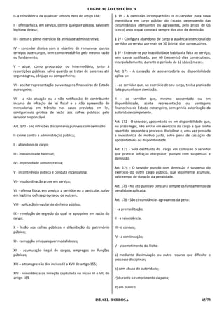LEGISLAÇÃO ESPECÍFICA
I - a reincidência de qualquer um dos itens do artigo 168;           § 1º - A demissão incompatibiliza o ex-servidor para nova
                                                                     investidura em cargo público do Estado, dependendo das
II - ofensa física, em serviço, contra qualquer pessoa, salvo em     circunstâncias atenuantes ou agravantes, pelo prazo de 05
legítima defesa;                                                     (cinco) anos o qual constará sempre dos atos de demissão.

III - obstar o pleno exercício da atividade administrativa;          § 2º - Configura abandono de cargo a ausência intencional do
                                                                     servidor ao serviço por mais de 30 (trinta) dias consecutivos.
IV - conceder diárias com o objetivo de remunerar outros
serviços ou encargos, bem como recebê-las pela mesma razão           § 3º - Entende-se por inassiduidade habitual a falta ao serviço,
ou fundamento;                                                       sem causa justificada, por 60 (sessenta) dias consecutivos,
                                                                     interpoladamente, durante o período de 12 (doze) meses.
V - atuar, como procurador ou intermediária, junto à
repartições públicas, salvo quando se tratar de parentes até         Art. 171 - A cassação de aposentadoria ou disponibilidade
segundo grau, cônjuge ou companheiro;                                aplica-se:

VI - aceitar representação ou vantagens financeiras de Estado        I - ao servidor que, no exercício de seu cargo, tenha praticado
estrangeiro;                                                         falta punível com demissão;

VII - a não atuação ou a não notificação de contribuinte             II - ao servidor que, mesmo aposentado ou em
incurso de infração de lei fiscal e a não apreensão de               disponibilidade, aceite representação ou vantagens
mercadorias em trânsito nos casos previstos em lei,                  financeiras de Estado estrangeiro, sem prévia autorização da
configurando prática de lesão aos cofres públicos pelo               autoridade competente.
servidor responsável.
                                                                     Art. 172 - O servidor, aposentado ou em disponibilidade que,
Art. 170 - São infrações disciplinares puníveis com demissão:        no prazo legal, não entrar em exercício do cargo a que tenha
                                                                     revertido, responde a processo disciplinar e, uma vez provada
I - crime contra a administração pública;                            a inexistência de motivo justo, sofre pena de cassação da
                                                                     aposentadoria ou disponibilidade.
II - abandono de cargo;
                                                                     Art. 173 - Será destituído do cargo em comissão o servidor
III - inassiduidade habitual;                                        que praticar infração disciplinar, punível com suspensão e
                                                                     demissão.
IV - improbidade administrativa;
                                                                     Art. 174 - O servidor punido com demissão é suspenso do
V - incontinência pública e conduta escandalosa;                     exercício do outro cargo público, que legalmente acumule,
                                                                     pelo tempo de duração da penalidade.
VI - insubordinação grave em serviço;
                                                                     Art. 175 - No ato punitivo constará sempre os fundamentos da
VII - ofensa física, em serviço, a servidor ou a particular, salvo   penalidade aplicada.
em legítima defesa própria ou de outrem;
                                                                     Art. 176 - São circunstâncias agravantes da pena:
VIII - aplicação irregular de dinheiro público;
                                                                     I - a premeditação;
IX - revelação de segredo do qual se apropriou em razão do
cargo;                                                               II - a reincidência;

X - lesão aos cofres públicos e dilapidação do patrimônio            III - o conluio;
público;
                                                                     IV - a continuação;
XI - corrupção em quaisquer modalidades;
                                                                     V - o cometimento do ilícito:
XII - acumulação ilegal de cargos, empregos ou funções
públicas;                                                            a) mediante dissimulação ou outro recurso que dificulte o
                                                                     processo disciplinar;
XIII – a transgressão dos incisos IX a XVII do artigo 155;
                                                                     b) com abuso de autoridade;
XIV - reincidência de infração capitulada no inciso VI e VII, do
artigo 169.                                                          c) durante o cumprimento da pena;

                                                                     d) em público.


                                                        ISRAEL BARBOSA                                                         45/73
 