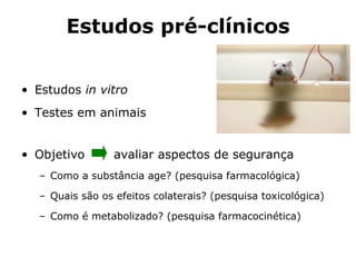 Estudos pré-clínicos Estudos  in vitro Testes em animais  Objetivo  avaliar aspectos de segurança  Como a substância age? (pesquisa farmacológica)  Quais são os efeitos colaterais? (pesquisa toxicológica) Como é metabolizado? (pesquisa farmacocinética) 