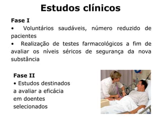 Fase I  Voluntários saudáveis, número reduzido de pacientes  Realização de testes farmacológicos a fim de avaliar os níveis séricos de segurança da nova substância Estudos clínicos Fase II Estudos destinados a avaliar a eficácia em doentes selecionados 