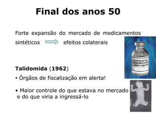 Forte expansão do mercado de medicamentos sintéticos  efeitos colaterais Talidomida  ( 1962 ) Órgãos de fiscalização em alerta! Maior controle do que estava no mercado e do que viria a ingressá-lo Final dos anos 50 