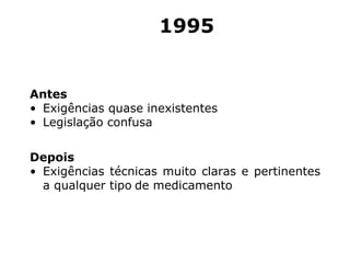 Antes   Exigências quase inexistentes  Legislação confusa Depois Exigências técnicas muito claras e pertinentes a qualquer tipo de medicamento 19 95 