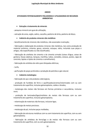 Legislação Municipal do Meio Ambiente



                                          ANEXO

     ATIVIDADES POTENCIALMENTE POLUIDORAS E UTILIZADORAS DE RECURSOS
                               AMBIENTAIS



    •      Extração e tratamento de minerais

- pesquisa mineral com guia de utilização;

- extração de areia, argila, saibro, cascalho, pedreira de brita, pedreira de bloco.

    •      Indústria de produtos minerais não metálicos

- beneficiamento de minerais não metálicos, não associados à extração;

- fabricação e elaboração de produtos minerais não metálicos, tais como produção de
material cerâmico, cimento, gesso, amianto, estuque, vidro, incluindo suas peças e
artigos, não especificados ou não classificados;

- fabricação de artefatos de cimento e de cimento armado (caixas d’água, caixas de
gordura, fossas sépticas, tanques, manilhas, tubos, conexões, estacas, postes, vigas de
concreto, lajotas e tijolos de cimento e semelhantes);

- fabricação de artefatos de vidro para lâmpadas elétricas;

- turfa;

- perfuração de poços profundos e produção de petróleo e gás natural.

    •      Indústria metalúrgica

- fabricação de aço e de produtos siderúrgicos;

- produção de fundidos de ferro e aço/forjados/arames/relaminados com ou sem
tratamento de superfície, inclusive galvanoplastia, soldas e ânodos;

- metalurgia dos metais não ferrosos em formas primárias e secundárias, inclusive
ouro;

- produção de laminados/ligas/artefatos de metais não ferrosos com ou sem
tratamento de superfície, inclusive galvanoplastia;

- relaminação de materiais não ferrosos, inclusive ligas;

- metalurgia de metais preciosos.

- metalurgia do pó, inclusive peças moldadas;

- fabricação de estruturas metálicas com ou sem tratamento de superfície, com ou sem
galvanoplastia;

- fabricação de artefatos de ferro/ago e de metais não ferrosos com ou sem
tratamento de superfície, com ou sem galvanoplastia;

                                             32
 