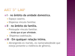 I



– no âmbito da unidade domestica.
Espaço caseiro.
Dispensa vinculo familiar.

 II

– no âmbito da família.



Pressupõe vinculo familiar.


Dispensa coabitação.



 III


Ainda que só por afinidade.

– Em qualquer relação intima.

Abrangendo ex marido, ex namorado(desde que
esteja presente a violência de gênero).

 