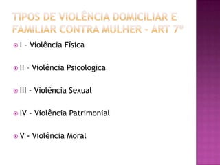 I

– Violência Física

 II

– Violência Psicologica

 III

- Violência Sexual

 IV

- Violência Patrimonial

V

- Violência Moral

 