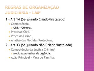 1 – Art 14 (Se juizado Criado/Instalado)


Competência.






Civil + Criminal.

Processo Civil.
Processo Crime.
Analise das Medidas Protetivas.

2 – Art 33 (Se juizado Não Criado/Instalado)


Competência da Justiça Criminal




Medidas protetivas de urgência.

Ação Principal – Vara de Família.

 
