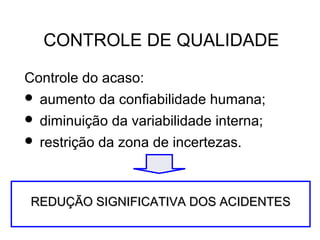 CONTROLE DE QUALIDADE
Controle do acaso:
 aumento da confiabilidade humana;
 diminuição da variabilidade interna;
 restrição da zona de incertezas.
REDUÇÃO SIGNIFICATIVA DOS ACIDENTESREDUÇÃO SIGNIFICATIVA DOS ACIDENTES
 