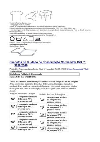 Vestuário Toalhas Cama e mesa
- composição têxtil do produto.
- nome ou razão social do fabricante ou importador, abreviando apenas SA ou Ltda.
- identificação fiscal do fabricante ou importador, abreviando apenas CGC, CUIT, RUC, CNPJ, etc.
- país de origem (onde foi produzido), sem abreviatura (exemplo: Brasil, Indústria Brasileira, Feito no Brasil) e nunca
blocos econômicos.
- indicação de tamanho de acordo com o tipo de confeccionado.
- tratamento de cuidado para conservação (ISO 3758 OU NBR 8719).
Limpeza à seco Lavagem Uso de cloro Secagem Passadoria
Artigos Confeccionados:
Cama, Mesa e Banho
Símbolos de Cuidado de Conservação Norma NBR ISO nº
3758/2006
Posted by Robinson Leandro da Silva on Monday, April 9, 2012 Under: Técnologia Têxtil
Produto Têxtil
Símbolos de Cuidado de Conservação
Norma NBR ISO nº 3758/2006
Tabela 1 - Símbolos de cuidados para conservação de artigos têxteis na lavagem
A tina simboliza o tratamento doméstico de lavagem pelo processo manual ou
mecânico. Ela é usada para transmitir informações referentes à temperatura máxima
de lavagem, bem como os demais processos de lavagem, como mostrado na tabela
abaixo:
Símbolo Processo de Lavagem
- temperatura máxima
de lavagem 95ºC -
processo normal
- temperatura máxima
de lavagem 95ºC -
processo suave
- temperatura máxima
de lavagem 70ºC -
processo normal
- temperatura máxima
de lavagem 60ºC -
processo normal
- temperatura máxima
de lavagem 60ºC -
Símbolo Processo de Lavagem
- temperatura máxima
de lavagem 40ºC -
processo normal
- temperatura máxima
de lavagem 40ºC -
processo suave
- temperatura máxima
de lavagem 40ºC -
processo muito suave
- temperatura máxima
de lavagem 30ºC -
processo normal
- temperatura máxima
de lavagem 30ºC -
 
