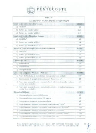 PREFEITURA DE
jfJ PENTECOSTEvoê
TABELA IV
TAXA DE LICENÇA DE LOCALIZAÇÃO E FUNCIONAMENTO
Comercio e Serviço Varejista Comum UF1RM
a) Até 30m 2 18
b) Por m2 que exceder a 3Dm 2 0,25
c) Por m 2 que exceder a 600m' 0,15
Comei cio e Serviço Atacadista Comum UFIRM
a) Até 100m 2 45
b) Por m2 que exceder a 100m 2 0,4
c) Por m 2 que exceder a 1000m 2 0,3
Indústria, Fábrica, Energia, Mineração e Congêneres :UFIRM
a) Até 200m2 - 130
b) Por m2 que exceder a 2001n 0,2
c) Por m2 que exceder a 1000111 2 0,1
Consti tição Civil
[
UFIRM
a) Construtoras 160
b) Empreiteiras 160
c) Incorporadoras 160
Geradoras, Campos de Produção e Antenas UFIRM
a) Torre de Produção de Usina Eólica - Aerogerador (por unidade) 500
b) Equipamento de geração de energia solar - Painel (por 1112) 25
C) Torre com antena(s) para a transmisso de telefonia, televisão, rádio ou 600
similar (por unidade).
d) Torre com antena(s) para a transmissão exclusiva de dados, internet, ou 220
similar (por unidade).
Diversões Públicas -- - UFIRM
a) Cinemas e teatros com até 150 lugares 25
b) Cinemas e teatros com mais de 150 lugares 45
c) Restaurantes dançantes, boates e similares 45
d) Casas de show e similares situadas na zona urbana até 200m' 45
e) Casas de show e similares situadas na zona urbana acima de 200m 2 100
f) Casas de show e similares situadas na zona rural até 5.000m 2 50
g) Casas de show e similares situadas na zona rural acima de 5000m 2 130
li) Exposições, feiras de aloosua e cluermesses (por mês) 35
Pi açE Bernardino Gomas Beze. a, 457 - Centro - CEP 62640-000 - Pentecoste - Ceará.
Fone: (85)3352-2615/(85)3352-2617 1 CNPJ: 07.682.651I0001-58 - CGF: 06.920.195-1
 