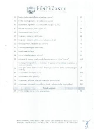 PnEFEITURA DE
F-ENTECOSTE' -/' (eost e v rCél
1-4. Boates, clubes e sociedades recreativas (por m 2) 0,5
15. Hotéis, motéis, pensões e pousadas (por quarto) 4
1-6. Pensionatos, repúblicas ou casas de cômodos (por quarto) 4
4-7. Fábricas e indústrias diversos (por m 2) 0,6
4.8. Comércios diversos (por in] 0,4
4-9. Hospitais e similares até 10 leitos 25
50. Hospitais e similares adicional por leito acima de 10 2
51. Clínicas médicas, laboratórios e similares 40
52. Clínicas odontológicas e similares 30
53. Farmácias e similares 25
54. Outros estabelecimentos (por rn 2) 0,4
55. Adicional de Licença para Inspeção Sanitária acima cio 100m 2 (por m2) 0,15
Licença para implantação ou instalação de postes, torres (cólicas ou antenas) e
equipamento solar
56. Poste para linhas de transmissão de energia, telefonia, dados e similares (por 35
unidade)
57. Equipamento eólico (por torre) 360
58. Equipamento solar (por m 2) 15
59. Antena para telefonia, televisão ou similar (por unidade) 680
60. Antena para internet, transmissão de dados, rádio ou similar (por unidade) 230
Demais Licenças
99. Outras licenças não previstas anteriormente 50
1043/./Praça Bernardino Gomes Bezerra, 457 - Centro - CEP: 62.640-000 - Pentecoste - Ceará.
Fone: (85) 3352-2615 / (85) 3352-2617 1 CNPJ: 07.682.65110001-58 - CGF: 06.920.195-1
 