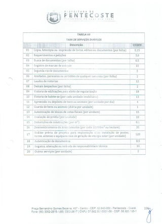 P EFEITURA
ii FENTE
- -
DE
C ti o c ë !
TABELA VII
TAXA DE SERVIÇOS DIVERSOS
Descrição UFLRM
01 Cópia, fotocópia ou impressão de livros, editais ou documentos (por folha) 0,15
02 Requerimentos e petições 3,0
03 Busca de documentos (por folha) 0,5
04
05
Registro de marcas de animais
Segunda via de documentos -
10
5
06 Atestados, pareceres ou certidões de qualquer natureza (por folha) 2
07 Laudos de vistorias 12
08 Demais despachos (por folha) 2
09 Vistoria de edificações para efeito de regularização 18
10 Vistoria de habite-se (por cada unidade imobiliária) 13
11 Apreensão ou depósito de bens ou animais (por unidade por dia) 4
12 Guarda de bens ou animais (diária por unidade) 1
13 Autenticação de blocos de notas fiscais (por unidade) 15
14
15
16
17
Avaliação de prédio (por unidade) 10
Demolições de construções Ipor rnZ) 0,1
Desmembramento de áreas loteadas (por cada 10.000m 2 ou hectare) - 35
Análise prévia de projetos para implantação e/au instalação de postes,
120
torres, antenas e equipamentos de geração de energia solar (por unidade)
18 Autenticação de documentos 0,5
19 Registro, alteração ou retirada de responsabilidade técnica 10
20 Outros serviços (por unidade) 2
Praça Bernardino Gomes Bezerra, 457 - Centro - CEP: 62.640-000 - Pentecoste - Ceará.
Fone: (85) 3352-2615 / (85) 3352-2617 1 CNPJ: 07.682.651/0001-58 - CGF: 06.920.195-1
 