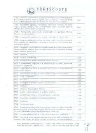 P ; E E E 1 T O R A
'd
PENTErosre de
CtSTEo cO v o é!
17.01 - Assessoria ou consultoria de qualquer natureza, não contida em outros
itens desta lista; análise, exame, pesquisa, coleta, compilação e fornecimento de
dados e informações de qualquer natureza, inclusive cadastro e similares.
500
17.02 - Datilografia, digitação, estenografia, expediente, secretaria em geral,
resposta audível, redação, edição, interpretação, revisão, tradução, apoio e
infraestrutura administrativa e congêneres.
5,00
17.03 - Planejamento, coordenação, programação ou organização técnica,
financeira ou administrativa. 5,00
17.04 - Recrutamento, agenciamento, seleção e colocação de mão-de-obra. 5,00
17.05 - Fornecimento de mão-de-obra, mesmo em caráter temporário, inclusive
de empregados ou trabalhadores, avulsos ou temporários, contratados pelo
prestador de serviço.
5,00
17.06 - Propaganda e publicidade, inclusive promoção de vendas, planejamento
de campanhas ou sistemas de publicidade, elaboração de desenhos, textos e
demais materiais publicitários.
5,00
17.07 - (VETADO) -
17.08 - Franquia (franchising). 5,00
17.09 - Perícias, laudos, exames técnicos e análises técnicas. 500
17.10 - Planejamento, organização e administração de feiras, exposições,
congressos e congêneres. 5,00
17.11 - Organização de festas e recepções; bufê (exceto o fornecimento de
alimentação e bebidas). 5,00
17.12 - Administração em geral, inclusive de bens e negócios de terceiros. 5,00
17.13 - Leilão e congêneres. 5,00
17.14 - Advocacia. 5,00
17.15 - Arbitragem de qualquer espécie, inclusive Jurídica. 5,00
17.16 -Auditoria. - 5,00
17.17 - Análise de Organização e Métodos. - 5,00
17.18 - Atuária e cálculos técnicos de qualquer natureza. 5,00
17.19 - Contabilidade, inclusive serviços técnicos e auxiliares. 5,00
17.20 - Consultoria e assessoria econômica ou financeira. 5,00
17.21 - Estatística. 5,00
17.22 - Cobrança em geral.
17.23 - Assessoria, análise, avaliarão, atendimento, consulta, cadastro, seleção,
gerenciamento de informações, administração de contas a receber ou a pagar e
em geral, relacionados a operações de faturização (factoring).
5,00
5,00
17.24 - Apresentação de palestras, conferências, seminários e congêneres. 5,00
17.25 - Inserção de textos e outros materiais de propaganda e publicidade, em
qualquer meio (exceto em livros, Jornais, periódicos e nas modalidades de
5 00
Praça Bernardino Gomes Bezerra. 457 - Centro - CEP: 62.640-000 - Pentecoste - Ceará. 94
Fone: (85) 3352-2615/ (85) 3352-2617 1 CNPJ: 07.682.651/0001-58 - CGF: 06.920.195-1
 