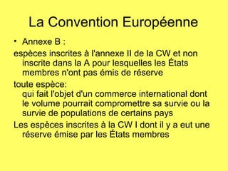 La Convention Européenne
• Annexe B :
espèces inscrites à l'annexe II de la CW et non
inscrite dans la A pour lesquelles les États
membres n'ont pas émis de réserve
toute espèce:
qui fait l'objet d'un commerce international dont
le volume pourrait compromettre sa survie ou la
survie de populations de certains pays
Les espèces inscrites à la CW I dont il y a eut une
réserve émise par les États membres
 