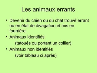 Les animaux errants
• Devenir du chien ou du chat trouvé errant
ou en état de divagation et mis en
fourrière:
• Animaux identifiés
(tatoués ou portant un collier)
• Animaux non identifiés
(voir tableau ci après)
 