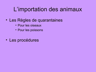 L’importation des animaux
• Les Règles de quarantaines
• Pour les oiseaux
• Pour les poissons
• Les procédures
 