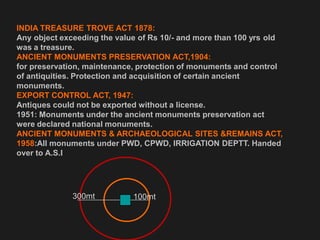 INDIA TREASURE TROVE ACT 1878:
Any object exceeding the value of Rs 10/- and more than 100 yrs old
was a treasure.
ANCIENT MONUMENTS PRESERVATION ACT,1904:
for preservation, maintenance, protection of monuments and control
of antiquities. Protection and acquisition of certain ancient
monuments.
EXPORT CONTROL ACT, 1947:
Antiques could not be exported without a license.
1951: Monuments under the ancient monuments preservation act
were declared national monuments.
ANCIENT MONUMENTS & ARCHAEOLOGICAL SITES &REMAINS ACT,
1958:All monuments under PWD, CPWD, IRRIGATION DEPTT. Handed
over to A.S.I
100mt
300mt
 