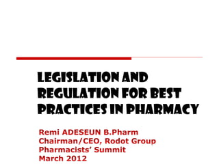 Legislation and
Regulation for Best
Practices in Pharmacy
 