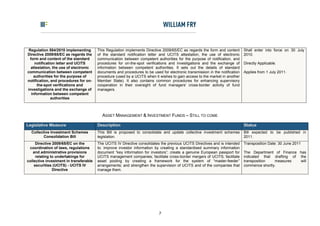 Regulation 584/2010 implementing       This Regulation implements Directive 2009/65/EC as regards the form and content       Shall enter into force on 30 July
Directive 2009/65/EC as regards the     of the standard notification letter and UCITS attestation, the use of electronic      2010.
  form and content of the standard      communication between competent authorities for the purpose of notification, and
     notification letter and UCITS      procedures for on-the-spot verifications and investigations and the exchange of       Directly Applicable.
   attestation, the use of electronic   information between competent authorities. It sets out the details of standard
communication between competent         documents and procedures to be used for electronic transmission in the notification   Applies from 1 July 2011.
    authorities for the purpose of      procedure (used by a UCITS when it wishes to gain access to the market in another
notification, and procedures for on-    Member State). It also contains common procedures for enhancing supervisory
       the-spot verifications and       cooperation in their oversight of fund managers' cross-border activity of fund
investigations and the exchange of      managers.
   information between competent
               authorities



                                          ASSET MANAGEMENT & INVESTMENT FUNDS – STILL TO COME

Legislative Measure                     Description                                                                           Status
  Collective Investment Schemes         This Bill is proposed to consolidate and update collective investment schemes         Bill expected to be published in
         Consolidation Bill             legislation.                                                                          2011.
     Directive 2009/65/EC on the        The UCITS IV Directive consolidates the previous UCITS Directives and is intended     Transposition Date: 30 June 2011
 coordination of laws, regulations      to: improve investor information by creating a standardised summary information
   and administrative provisions        document “key information for investors”; create a genuine European passport for      The Department of Finance has
     relating to undertakings for       UCITS management companies; facilitate cross-border mergers of UCITS; facilitate      indicated that drafting of the
collective investment in transferable   asset pooling by creating a framework for the system of “master-feeder”               transposition   measures   will
    securities (UCITS) - UCITS IV       arrangements; and strengthen the supervision of UCITS and of the companies that       commence shortly.
               Directive                manage them.




                                                                           7
 