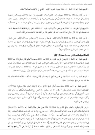 44
‫األساسية‬ ‫والحريات‬ ‫الحقوق‬ ‫في‬ ‫وآثاره‬ ‫البرلمان‬ ‫غيبة‬ ‫في‬ ‫التشريع‬ ‫تنظيم‬ !‫أحكام‬ ‫للضرورة‬
.‫والاستفتاء‬ ‫العامة‬ ‫خابات‬‫ت‬‫الان‬ ‫في‬ ‫خارج‬‫ل‬‫با‬ ‫المقيمين‬ ‫يين‬‫المصر‬ ‫تصويت‬ ‫بشأن‬ 2011 ‫لسنة‬ 130 ‫رقم‬ ‫بقانون‬ ‫المرسوم‬ -
‫ية‬‫جمهور‬‫ل‬‫ا‬ ‫رئيس‬ ‫اختصاصات‬ ‫عدا‬ ‫«فيما‬ ‫على‬ ‫ينص‬ ‫والذي‬ ،‫الوزراء‬ ‫جلس‬‫م‬ ‫رئيس‬ ‫يض‬‫بتفو‬ 2011 ‫لسنة‬ 136 ‫رقم‬ ‫بقانون‬ ‫المرسوم‬ -
‫بمقتضى‬ ‫ية‬‫جمهر‬‫ل‬‫ا‬ ‫لرئيس‬ ‫خولة‬‫م‬‫ال‬ ‫الاختصاصات‬ ‫مباشرة‬ ‫في‬ ‫الوزراء‬ ‫جلس‬‫م‬ ‫رئيس‬ ‫فوض‬ُ ‫ي‬ ،‫القضائية‬ ‫والهيئات‬ ‫المسلحة‬ ‫القوات‬ ‫بقوانين‬ ‫الواردة‬
.»‫الشأن‬ ‫هذا‬ ‫في‬ ‫المسلحة‬ ‫للقوات‬ ‫الأعلى‬ ‫جلس‬‫م‬‫ال‬ ‫رئيس‬ ‫من‬ ‫يصدر‬ ‫الذي‬ ‫يض‬‫التفو‬ ‫بقرار‬ ‫ًا‬ ‫تفصيل‬ ‫المبين‬ ‫النحو‬ ‫على‬ ‫وذلك‬ ،‫واللوائح‬ ‫القوانين‬
‫أضاف‬ ‫وقد‬ ،‫السياسية‬ ‫حقوق‬‫ل‬‫ا‬ ‫مباشرة‬ ‫بتنظيم‬ 1956 ‫لسنة‬ 73 ‫رقم‬ ‫القانون‬ ‫أحكام‬ ‫بعض‬ ‫بتعديل‬ 2011 ‫لسنة‬ 241 ‫رقم‬ ‫بقانون‬ ‫المرسوم‬ -
.‫الفرعية‬ ‫جان‬‫ل‬‫ال‬ ‫داخل‬ ‫خابات‬‫ت‬‫للان‬ ‫العليا‬ ‫جنة‬‫ل‬‫ال‬ ‫من‬ ‫قرار‬ ‫بمقتضى‬ ‫الفرز‬ ‫عملية‬ ‫جرى‬‫ت‬ ‫أن‬ ‫�جيز‬‫ت‬ ‫والتي‬ )‫مكرر‬ 34( ‫برقم‬ ‫جديدة‬ ‫مادة‬
‫الدخل‬ ‫جموع‬‫م‬‫ل‬ ‫الأقصى‬ ‫حد‬‫ل‬‫ا‬ ‫حدد‬ ‫والذي‬ ،‫الأدنى‬ ‫حد‬‫ل‬‫با‬ ‫وربطه‬ ‫للدخول‬ ‫الأقصى‬ ‫حد‬‫ل‬‫ا‬ ‫بشأن‬ 2011 ‫لسنة‬ 242 ‫رقم‬ ‫بقانون‬ ‫المرسوم‬ -
‫لسنة‬ 47 ‫رقم‬ ‫بالقانون‬ ‫الصادر‬ ‫بالدولة‬ ‫المدنيين‬ ‫العاملين‬ ‫نظام‬ ‫قانون‬ ‫لأحكام‬ ‫خاضعين‬‫ل‬‫وا‬ ‫الدولة‬ ‫في‬ ‫العاملين‬ ‫من‬ ‫خص‬‫ش‬ ‫أي‬ ‫يتقاضاه‬ ‫الذي‬
‫يسري‬ ‫ولا‬ .‫جهة‬‫ل‬‫ا‬ ‫ذات‬ ‫في‬ ‫دخل‬ ‫أقل‬ ‫جموع‬‫م‬‫ل‬ ‫الأدنى‬ ‫حد‬‫ل‬‫ا‬ ‫مثل‬ ‫وثلاثين‬ ‫خمسة‬ ‫جاوز‬‫ت‬‫ي‬ ‫ا‬ َّ‫ل‬‫أ‬ ‫على‬ ،‫للدولة‬ ‫التابعة‬ ‫الفئات‬ ‫من‬ ‫وغيرهم‬ 1978
.‫ا‬ًّ‫خارجي‬ ‫أو‬ ‫ا‬ًّ‫داخلي‬ ‫المقررة‬ ‫السفر‬ ‫بدلات‬ ‫على‬ ‫ذلك‬
:2012 ‫سنة‬ ‫صدرت‬ ‫التي‬ ‫بقوانين‬ ‫القرارات‬
2008 ‫لسنة‬ 196 ‫رقم‬ ‫القانون‬ ‫لأحكام‬ ‫والمعدل‬ ،2011 ‫لسنة‬ 118 ‫رقم‬ ‫بقانون‬ ‫المرسوم‬ ‫بتعديل‬ 2012 ‫لسنة‬ 1 ‫رقم‬ ‫بقانون‬ ‫المرسوم‬ -
‫حساب‬‫ل‬ ‫ًا‬‫س‬‫أسا‬ ‫المتخذة‬ ‫المبنية‬ ‫للعقارات‬ ‫ية‬‫جار‬‫ي‬‫الإ‬ ‫للقيمة‬ ‫الأخير‬ ‫العام‬ ‫بالتقدير‬ ‫العمل‬ ‫واستمرار‬ ‫المبنية‬ ‫العقارات‬ ‫على‬ ‫الضريبة‬ ‫قانون‬ ‫بإصدار‬
‫على‬ ‫الضريبة‬ ‫قانون‬ ‫إصدار‬ 2008 ‫لسنة‬ 196 ‫رقم‬ ‫القانون‬ ‫من‬ ‫التاسعة‬ ‫المادة‬ ‫من‬ ‫الأول‬ ‫بالبند‬ ‫استبداله‬ ‫التعديل‬ ‫هذا‬ ‫تضمن‬ ‫وقد‬ ،‫الضريبة‬
.»2013 ‫لسنة‬ ‫يناير‬ ‫من‬ ‫الأول‬ ‫من‬ ‫ًا‬‫ر‬‫اعتبا‬ ‫المرافق‬ ‫القانون‬ ‫لأحكام‬ ‫ًا‬‫ق‬‫وف‬ ‫المربوطة‬ ‫الضريبة‬ ‫«تستحق‬ ‫أن‬ ‫على‬ ‫بنصه‬ ‫المبنية‬ ‫العقارات‬
‫لمدة‬ ‫حالية‬‫ل‬‫ا‬ ‫العمالية‬ ‫النقابية‬ ‫التشكيلات‬ ‫إدارات‬ ‫جالس‬‫م‬‫ل‬ ‫النقابية‬ ‫الدورة‬ ‫أجل‬ ‫مد‬ ‫تضمن‬ ‫والذي‬ ،2012 ‫لسنة‬ 3 ‫رقم‬ ‫بقانون‬ ‫المرسوم‬ -
.‫حالية‬‫ل‬‫ا‬ ‫الدورة‬ ‫انتهاء‬ ‫تاريخ‬ ‫من‬ ‫تبدأ‬ ‫أشهر‬ ‫ستة‬
،1997 ‫لسنة‬ 8 ‫رقم‬ ‫بالقانون‬ ‫الصادر‬ ‫الاستثمار‬ ‫وحوافز‬ ‫ضمانات‬ ‫قانون‬ ‫أحكام‬ ‫بعض‬ ‫بتعديل‬ 2012 ‫لسنة‬ 4 ‫رقم‬ ‫بقانون‬ ‫المرسوم‬ -
‫متعلقة‬ ‫جرائم‬ ‫من‬ ‫ُرتكب‬ ‫ي‬ ‫فيما‬ ‫المستثمرين‬ ‫مع‬ ‫التصالح‬ ‫أجاز‬ ‫والذي‬ ) ‫مكرر‬ 66 ، ‫مكرر‬ 7( ‫برقمي‬ ‫جديدتين‬ ‫مادتين‬ ‫إضافة‬ ‫تضمن‬ ‫والذي‬
‫وقت‬ ‫السوقية‬ ‫قيمتها‬ ‫يعادل‬ ‫ما‬ ‫أو‬ ‫جريمة‬‫ل‬‫ا‬ ‫حل‬‫م‬ ‫العقارات‬ ‫أو‬ ‫الأموال‬ ‫المستثمر‬ ‫يرد‬ ‫أن‬ ‫على‬ .‫الدعوى‬ ‫عليها‬ ‫كانت‬‫حالة‬ ‫أي‬ ‫في‬ ‫أنشطتهم‬ ‫بممارسة‬
‫يصدر‬ ‫بقرار‬ ‫المنازعات‬ ‫ية‬‫تسو‬ ‫جنة‬‫ل‬ ‫تشكل‬ ‫أن‬ ‫على‬ ‫ًا‬‫ض‬‫أي‬ ‫ونص‬ .»‫جريمته‬ ‫متحصلات‬ ‫من‬ ‫جرم‬‫م‬‫ال‬ ‫يستفيد‬ ‫أن‬ ‫يعني‬ ‫ما‬ ‫«وهذا‬ ،‫جريمة‬‫ل‬‫ا‬ ‫ارتكاب‬
.‫الوزراء‬ ‫جلس‬‫م‬ ‫رئيس‬ ‫من‬
‫شأن‬ ‫في‬ 1954 ‫لسنة‬ 394 ‫رقم‬ ‫القانون‬ ‫أحكام‬ ‫بعض‬ ‫تعديل‬ ‫بشأن‬ 2012 ‫لسنة‬ ‫يناير‬ ‫من‬ 12 ‫بتاريخ‬ ‫والصادر‬ 6 ‫رقم‬ ‫بقانون‬ ‫المرسوم‬ -
‫رافعة‬ ،‫العقوبات‬ ‫في‬ ‫مغيرة‬ ‫التعديلات‬ ‫هذه‬ ‫جاءت‬ )»‫ج‬ ،‫ب‬ ،‫«أ‬ 31 ،26( ‫رقمي‬ ‫المادتين‬ ‫استبدال‬ ‫بموجبه‬ ‫تم‬ ‫والذي‬ ،‫والذخائر‬ ‫الأسلحة‬
‫عقوبة‬ ‫العقوبات‬ ‫إلى‬ ‫أضاف‬ ‫ثم‬ ،‫ا‬ ًّ‫د‬‫ج‬ ‫متوسع‬ ‫بشكل‬ ‫جريمة‬‫ل‬‫ا‬ ‫وصف‬ ‫من‬ ‫ًا‬‫ر‬‫ومغي‬ ،‫جنيه‬ ‫ألف‬ ‫عشرين‬ ‫إلى‬ ‫والغرامة‬ ‫المؤبد‬ ‫إلى‬ ‫الأدنى‬ ‫حد‬‫ل‬‫ا‬
‫علاوة‬ ،‫مفرط‬ ‫بشكل‬ ‫استخدامها‬ ‫في‬ ‫توسع‬ ‫قد‬ ‫عام‬ ‫بشكل‬ ‫المصري‬ ‫المشرع‬ ‫أن‬ ‫إلا‬ ،‫العقوبة‬ ‫هذه‬ ‫جابهة‬‫م‬‫ل‬ ‫الدولية‬ ‫القيود‬ ‫من‬ ‫الرغم‬ ‫على‬ ‫الإعدام‬
‫التي‬ ‫العمومية‬ ،‫أحوالها‬ ‫غير‬ ‫وفي‬ ‫مفرط‬ ‫حو‬‫ن‬ ‫على‬ ‫العقوبة‬ ‫استخدام‬ ‫كد‬‫يؤ‬ ‫وما‬ ‫العسكري‬ ‫جلس‬‫م‬‫ال‬ ‫من‬ ‫الصادر‬ ‫بقانون‬ ‫المرسوم‬ ‫بهذا‬ ‫جاء‬ ‫ما‬ ‫على‬
‫النظام‬ ‫أو‬ ‫العام‬ ‫بالأمن‬ ‫خل‬‫ي‬ ‫نشاط‬ ‫أي‬ ‫في‬ ‫استعمالها‬ ‫«بقصد‬ :‫يقول‬ ‫إذا‬ ‫بها‬ ‫الناس‬ ‫آحاد‬ ‫اتهام‬ ‫يتم‬ ‫أن‬ ‫يسهل‬ ‫حيث‬ ‫المادة‬ ‫هذه‬ ‫في‬ ‫جاءت‬
 