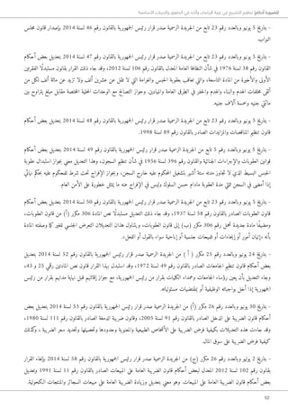 52
‫األساسية‬ ‫والحريات‬ ‫الحقوق‬ ‫في‬ ‫وآثاره‬ ‫البرلمان‬ ‫غيبة‬ ‫في‬ ‫التشريع‬ ‫تنظيم‬ !‫أحكام‬ ‫للضرورة‬
‫جلس‬‫م‬ ‫قانون‬ ‫بإصدار‬ 2014 ‫لسنة‬ 46 ‫رقم‬ ‫بالقانون‬ ‫ية‬‫جمهور‬‫ل‬‫ا‬ ‫رئيس‬ ‫قرار‬ ‫صدر‬ ‫الرسمية‬ ‫جريدة‬‫ل‬‫ا‬ ‫من‬ ‫تابع‬ 23 ‫رقم‬ ‫وبالعدد‬ ‫يونيو‬ 5 ‫بتاريخ‬ -
.‫النواب‬
‫أحكام‬ ‫بعض‬ ‫بتعديل‬ 2014 ‫لسنة‬ 47 ‫رقم‬ ‫بالقانون‬ ‫ية‬‫جمهور‬‫ل‬‫ا‬ ‫رئيس‬ ‫قرار‬ ‫صدر‬ ‫الرسمية‬ ‫جريدة‬‫ل‬‫ا‬ ‫من‬ ‫تابع‬ 23 ‫رقم‬ ‫وبالعدد‬ ‫يونيو‬ 5 ‫بتاريخ‬ -
‫الفقرتين‬ ‫ًا‬‫ل‬‫مستبد‬ ‫بقانون‬ ‫القرار‬ ‫ذلك‬ ‫جاء‬ ‫وقد‬ ،2012 ‫لسنة‬ 106 ‫رقم‬ ‫بالقانون‬ ‫المعدل‬ ‫العامة‬ ‫النظافة‬ ‫شأن‬ ‫في‬ 1976 ‫لسنة‬ 38 ‫رقم‬ ‫القانون‬
‫من‬ ‫لكل‬ ‫ألف‬ ‫مائة‬ ‫عن‬ ‫تزيد‬ ‫ولا‬ ‫ألف‬ ‫عشرين‬ ‫عن‬ ‫تقل‬ ‫لا‬ ‫التي‬ ‫والغرامة‬ ‫حبس‬‫ل‬‫ا‬ ‫بعقوبة‬ ‫تعاقب‬ ‫والتي‬ ،‫التاسعة‬ ‫المادة‬ ‫من‬ ‫والأخيرة‬ ‫الأولى‬
‫بين‬ ‫يتراوح‬ ‫مبلغ‬ ‫مقابل‬ ‫ختصة‬‫م‬‫ال‬ ‫حلية‬‫م‬‫ال‬ ‫الوحدات‬ ‫مع‬ ‫التصالح‬ ‫وجواز‬ .‫والميادين‬ ‫العامة‬ ‫الطرق‬ ‫في‬ ‫حفر‬‫ل‬‫وا‬ ‫والهدم‬ ‫والبناء‬ ‫الهدم‬ ‫خلفات‬‫م‬ ‫ألقى‬
.‫جنيه‬ ‫آلاف‬ ‫وخمسة‬ ‫جنيه‬ ‫مائتي‬
‫أحكام‬ ‫بعض‬ ‫بتعديل‬ 2014 ‫لسنة‬ 48 ‫رقم‬ ‫بالقانون‬ ‫ية‬‫جمهور‬‫ل‬‫ا‬ ‫رئيس‬ ‫قرار‬ ‫صدر‬ ‫الرسمية‬ ‫جريدة‬‫ل‬‫ا‬ ‫من‬ ‫تابع‬ 23 ‫رقم‬ ‫وبالعدد‬ ‫يونيو‬ 5 ‫بتاريخ‬ -
.1998 ‫لسنة‬ 89 ‫رقم‬ ‫بالقانون‬ ‫الصادر‬ ‫والمزايدات‬ ‫المناقصات‬ ‫تنظيم‬ ‫قانون‬
‫أحكام‬ ‫بعض‬ ‫بتعديل‬ 2014 ‫لسنة‬ 49 ‫رقم‬ ‫بالقانون‬ ‫ية‬‫جمهور‬‫ل‬‫ا‬ ‫رئيس‬ ‫قرار‬ ‫صدر‬ ‫الرسمية‬ ‫جريدة‬‫ل‬‫ا‬ ‫من‬ ‫تابع‬ 5 ‫رقم‬ ‫وبالعدد‬ ‫يونيو‬ 5 ‫بتاريخ‬ -
‫عقوبة‬ ‫استبدال‬ ‫جواز‬‫ب‬ ‫معني‬ ‫التعديل‬ ‫وهذا‬ ،‫السجون‬ ‫تنظيم‬ ‫شأن‬ ‫في‬ 1956 ‫لسنة‬ 396 ‫رقم‬ ‫والقانون‬ ‫جنائية‬‫ل‬‫ا‬ ‫والإجراءات‬ ‫العقوبات‬ ‫قوانين‬
‫نهائي‬ ‫حكم‬‫ب‬ ‫عليه‬ ‫للمحكوم‬ ‫شرط‬ ‫حت‬‫ت‬ ‫الإفراج‬ ‫جواز‬‫ب‬‫و‬ ،‫السجن‬ ‫خارج‬ ‫عليه‬ ‫حكوم‬‫م‬‫ال‬ ‫بتشغيل‬ ‫أشهر‬ ‫ستة‬ ‫مدته‬ ‫جاوز‬‫ت‬ ‫لا‬ ‫الذي‬ ‫البسيط‬ ‫حبس‬‫ل‬‫ا‬
.‫العام‬ ‫الأمن‬ ‫على‬ ‫خطورة‬ ‫يمثل‬ ‫ما‬ ‫عنه‬ ‫الإفراج‬ ‫في‬ ‫وليس‬ ‫السلوك‬ ‫حسن‬ ‫مادام‬ ‫العقوبة‬ ‫مدة‬ ‫ثلثي‬ ‫السجن‬ ‫في‬ ‫أمضى‬ ‫إذا‬
‫أحكام‬ ‫بعض‬ ‫بتعديل‬ 2014 ‫لسنة‬ 50 ‫رقم‬ ‫بالقانون‬ ‫ية‬‫جمهور‬‫ل‬‫ا‬ ‫رئيس‬ ‫قرار‬ ‫صدر‬ ‫الرسمية‬ ‫جريدة‬‫ل‬‫ا‬ ‫من‬ ‫تابع‬ 23 ‫رقم‬ ‫وبالعدد‬ ‫يونيو‬ 5 ‫بتاريخ‬ -
،‫العقوبات‬ ‫قانون‬ ‫من‬ )‫(أ‬ ‫مكرر‬ 306 ‫المادة‬ ‫نص‬ ‫ًا‬‫ل‬‫مستبد‬ ‫التعديل‬ ‫ذلك‬ ‫جاء‬ ‫وقد‬ ،1937 ‫لسنة‬ 58 ‫رقم‬ ‫بالقانون‬ ‫الصادر‬ ‫العقوبات‬ ‫قانون‬
‫المادة‬ ‫وصفته‬ ‫ما‬‫ك‬ ‫للغير‬ ‫جنسي‬‫ل‬‫ا‬ ‫التعرض‬ ‫التعديلان‬ ‫هذان‬ ‫ويتناول‬ ،‫العقوبات‬ ‫قانون‬ ‫إلى‬ )‫(ب‬ ‫مكرر‬ 306 ‫رقم‬ ‫تحمل‬ ‫جديدة‬ ‫مادة‬ ‫ًا‬‫ف‬‫ومضي‬
.»‫الفعل‬ ‫أو‬ ‫بالقول‬ ‫سواء‬ ‫إباحية‬ ‫أو‬ ‫جنسية‬ ‫تلميحات‬ ‫أو‬ ‫حاءات‬‫ي‬‫إ‬ ‫أو‬ ‫أمور‬ ‫«إتيان‬ ‫بأنه‬
‫بتعديل‬ 2014 ‫لسنة‬ 52 ‫رقم‬ ‫بالقانون‬ ‫ية‬‫جمهور‬‫ل‬‫ا‬ ‫رئيس‬ ‫قرار‬ ‫صدر‬ ‫الرسمية‬ ‫جريدة‬‫ل‬‫ا‬ ‫من‬ ) ‫أ‬ ( ‫مكرر‬ 25 ‫رقم‬ ‫وبالعدد‬ ‫يونيو‬ 24 ‫بتاريخ‬ -
،43 ‫و‬ 25 ‫رقمي‬ ‫المادتين‬ ‫نص‬ ‫قانون‬ ‫القرار‬ ‫بهذا‬ ‫استبدل‬ ‫وقد‬ ،1972 ‫لسنة‬ 49 ‫رقم‬ ‫بالقانون‬ ‫الصادر‬ ‫جامعات‬‫ل‬‫ا‬ ‫تنظيم‬ ‫قانون‬ ‫أحكام‬ ‫بعض‬
‫رئيس‬ ‫من‬ ‫بقرار‬ ‫مدتهم‬ ‫نهاية‬ ‫قبل‬ ‫إقالتهم‬ ‫جواز‬ ‫مع‬ ،‫ية‬‫جمهور‬‫ل‬‫ا‬ ‫رئيس‬ ‫من‬ ‫بقرار‬ ‫الكليات‬ ‫وعمداء‬ ‫جامعات‬‫ل‬‫ا‬ ‫رؤساء‬ ‫يعين‬ ‫بأن‬ ‫التعديل‬ ‫وجاء‬
.‫مسئولياته‬ ‫بمقتضيات‬ ‫أو‬ ‫الوظيفية‬ ‫بواجباته‬ ‫أخل‬ ‫إذا‬ ‫ية‬‫جمهور‬‫ل‬‫ا‬
‫بعض‬ ‫بتعديل‬ 2014 ‫لسنة‬ 53 ‫رقم‬ ‫بالقانون‬ ‫ية‬‫جمهور‬‫ل‬‫ا‬ ‫رئيس‬ ‫قرار‬ ‫صدر‬ ‫الرسمية‬ ‫جريدة‬‫ل‬‫ا‬ ‫من‬ )‫(أ‬ ‫مكرر‬ 26 ‫رقم‬ ‫وبالعدد‬ ‫يونيو‬ 30 ‫بتاريخ‬ -
،1980 ‫لسنة‬ 111 ‫رقم‬ ‫بالقانون‬ ‫الصادر‬ ‫الدمغة‬ ‫ضريبة‬ ‫وقانون‬ ،2005 ‫لسنة‬ 91 ‫رقم‬ ‫بالقانون‬ ‫الصادر‬ ‫الدخل‬ ‫على‬ ‫الضريبة‬ ‫قانون‬ ‫أحكام‬
‫كذلك‬‫و‬ ، ‫الضريبة‬ ‫سعر‬ ‫حديد‬‫ت‬‫و‬ ‫حصيلها‬‫ت‬‫و‬ ‫وحدودها‬ ‫ية‬‫والمعنو‬ ‫الطبيعية‬ ‫خاص‬‫ش‬‫الأ‬ ‫على‬ ‫الضريبة‬ ‫فرض‬ ‫بكيفية‬ ‫التعديلات‬ ‫هذه‬ ‫جاءت‬ ‫وقد‬
.‫المال‬ ‫سوق‬ ‫على‬ ‫الضريبة‬ ‫فرض‬ ‫كيفية‬
‫القرار‬ ‫بإلغاء‬ 2014 ‫لسنة‬ 58 ‫رقم‬ ‫بالقانون‬ ‫ية‬‫جمهور‬‫ل‬‫ا‬ ‫رئيس‬ ‫قرار‬ ‫صدر‬ ‫الرسمية‬ ‫جريدة‬‫ل‬‫ا‬ ‫من‬ )‫(ج‬ ‫مكرر‬ 26 ‫رقم‬ ‫وبالعدد‬ ‫يوليو‬ 2 ‫بتاريخ‬ -
‫وتعديل‬ 1991 ‫لسنة‬ 11 ‫رقم‬ ‫بالقانون‬ ‫الصادر‬ ‫المبيعات‬ ‫على‬ ‫العامة‬ ‫الضريبة‬ ‫قانون‬ ‫أحكام‬ ‫لبعض‬ ‫المعدل‬ 2012 ‫لسنة‬ 102 ‫رقم‬ ‫بقانون‬
.‫ا�لكحولية‬ ‫والمنتجات‬ ‫السجائر‬ ‫مبيعات‬ ‫على‬ ‫العامة‬ ‫الضريبة‬ ‫يادة‬‫وز‬ ‫بتعديل‬ ‫معني‬ ‫وهو‬ .‫المبيعات‬ ‫على‬ ‫العامة‬ ‫الضريبة‬ ‫قانون‬ ‫أحكام‬ ‫بعض‬
 