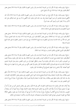 53 | ‫األساسية‬ ‫والحريات‬ ‫الحقوق‬ ‫في‬ ‫وآثاره‬ ‫البرلمان‬ ‫غيبة‬ ‫في‬ ‫التشريع‬ ‫تنظيم‬ !‫أحكام‬ ‫للضرورة‬
‫بعض‬ ‫بتعديل‬ 2014 ‫لسنة‬ 62 ‫رقم‬ ‫بالقانون‬ ‫ية‬‫جمهور‬‫ل‬‫ا‬ ‫رئيس‬ ‫قرار‬ ‫صدر‬ ‫الرسمية‬ ‫جريدة‬‫ل‬‫ا‬ ‫من‬ )‫(د‬ ‫مكرر‬ 26 ‫رقم‬ ‫وبالعدد‬ ‫يوليو‬ 2 ‫بتاريخ‬ -
.‫المدني‬ ‫الدفاع‬ ‫شأن‬ ‫في‬ 1959 ‫لسنة‬ 148 ‫رقم‬ ‫القانون‬ ‫أحكام‬
‫حد‬‫ل‬‫ا‬ ‫بشأن‬ 2014 ‫لسنة‬ 63 ‫رقم‬ ‫بالقانون‬ ‫ية‬‫جمهور‬‫ل‬‫ا‬ ‫رئيس‬ ‫قرار‬ ‫صدر‬ ‫الرسمية‬ ‫جريدة‬‫ل‬‫ا‬ ‫من‬ )‫(ج‬ ‫مكرر‬ 26 ‫رقم‬ ‫وبالعدد‬ ‫يوليو‬ 2 ‫بتاريخ‬ -
‫حد‬‫ل‬‫ا‬ ‫مثل‬ ‫وثلاثين‬ ‫خمسة‬ ‫على‬ ‫يزيد‬ ‫لا‬ ‫بما‬ ‫الأقصى‬ ‫حد‬‫ل‬‫ا‬ ‫بقانون‬ ‫القرار‬ ‫ذلك‬ ‫حدد‬ ‫وقد‬ ،‫الدولة‬ ‫أجهزة‬ ‫لدى‬ ‫بأجر‬ ‫للعاملين‬ ‫للدخول‬ ‫الأقصى‬
.‫ا‬ًّ‫ي‬‫شهر‬ ‫جنيه‬ ‫ألف‬ ‫وأربعين‬ ‫اثنين‬ ‫جاوز‬‫ي‬ ‫لا‬ ‫وبما‬ ‫الأدنى‬
‫خطة‬ ‫باعتماد‬ 2014 ‫لسنة‬ 64 ‫رقم‬ ‫بالقانون‬ ‫ية‬‫جمهور‬‫ل‬‫ا‬ ‫رئيس‬ ‫قرار‬ ‫صدر‬ ‫الرسمية‬ ‫جريدة‬‫ل‬‫ا‬ ‫من‬ )‫(ز‬ ‫مكرر‬ 26 ‫رقم‬ ‫وبالعدد‬ ‫يوليو‬ 2 ‫بتاريخ‬ -
.2015 /2014 ‫المالي‬ ‫للعام‬ ‫والاجتماعية‬ ‫الاقتصادية‬ ‫التنمية‬
‫بعض‬ ‫بتعديل‬ 2014 ‫لسنة‬ 54 ‫رقم‬ ‫بالقانون‬ ‫ية‬‫جمهور‬‫ل‬‫ا‬ ‫رئيس‬ ‫قرار‬ ‫صدر‬ ‫الرسمية‬ ‫جريدة‬‫ل‬‫ا‬ ‫من‬ )‫(ه‬ ‫مكرر‬ 26 ‫رقم‬ ‫وبالعدد‬ ‫يوليو‬ 2 ‫بتاريخ‬ -
‫ًا‬‫ل‬‫مستبد‬ ‫التعديل‬ ‫ذلك‬ ‫جاء‬ ‫وقد‬ ،1973 ‫لسنة‬ 66 ‫رقم‬ ‫المرور‬ ‫قانون‬ ‫أحكام‬ ‫بعض‬ ‫بتعديل‬ ،2008 ‫لسنة‬ 121 ‫رقم‬ ‫المرور‬ ‫قانون‬ ‫أحكام‬
‫التاريخ‬ ‫ذلك‬ ‫قبل‬ ‫المقطورات‬ ‫تراخيص‬ ‫حب‬‫س‬ ‫جواز‬ ‫مع‬ ،1/8/2015 ‫تاريخ‬ ‫بعد‬ ‫المقطورات‬ ‫تسيير‬ ‫بعدم‬ ،‫خامسة‬‫ل‬‫ا‬ ‫المادة‬ ‫من‬ ‫ا‬ً ‫ثالث‬ ‫البند‬ ‫لنص‬
.‫جية‬‫ي‬‫تدر‬ ‫بصورة‬
‫بعض‬ ‫بتعديل‬ 2014 ‫لسنة‬ 55 ‫رقم‬ ‫بالقانون‬ ‫ية‬‫جمهور‬‫ل‬‫ا‬ ‫رئيس‬ ‫قرار‬ ‫صدر‬ ‫الرسمية‬ ‫جريدة‬‫ل‬‫ا‬ ‫من‬ )‫(ه‬ ‫مكرر‬ 26 ‫رقم‬ ‫وبالعدد‬ ‫يوليو‬ 2 ‫بتاريخ‬ -
.2001 ‫لسنة‬ 148 ‫رقم‬ ‫به‬ ‫الصادر‬ ‫والقانون‬ ‫العقاري‬ ‫يل‬‫التمو‬ ‫قانون‬ ‫أحكام‬
‫بعض‬ ‫بتعديل‬ 2014 ‫لسنة‬ 56 ‫رقم‬ ‫بالقانون‬ ‫ية‬‫جمهور‬‫ل‬‫ا‬ ‫رئيس‬ ‫قرار‬ ‫صدر‬ ‫الرسمية‬ ‫جريدة‬‫ل‬‫ا‬ ‫من‬ )‫(ه‬ ‫مكرر‬ 26 ‫رقم‬ ‫وبالعدد‬ ‫يوليو‬ 2 ‫بتاريخ‬ -
‫للعديد‬ ‫ًا‬‫ل‬‫مستبد‬ ‫بقانون‬ ‫القرار‬ ‫ذلك‬ ‫جاء‬ ‫وقد‬ .2005 ‫لسنة‬ 3 ‫رقم‬ ‫بالقانون‬ ‫الصادر‬ ‫ية‬‫الاحتكار‬ ‫الممارسة‬ ‫ومنع‬ ‫المنافسة‬ ‫حماية‬ ‫قانون‬ ‫أحكام‬
‫الدعوى‬ ‫يك‬‫حر‬‫ت‬ ‫جواز‬ ‫وعدم‬ ،‫ختص‬‫م‬‫ال‬ ‫الوزير‬ ‫من‬ ‫قرار‬ ‫جهاز‬‫ل‬‫ا‬ ‫بتشكيل‬ ‫يصدر‬ ‫أن‬ ‫هو‬ ‫بقانون‬ ‫القرار‬ ‫ذلك‬ ‫به‬ ‫جاء‬ ‫ما‬ ‫وأهم‬ ،‫النصوص‬ ‫من‬
‫موافقة‬ ‫على‬ ‫بناء‬ ‫جهاز‬‫ل‬‫ا‬ ‫إدارة‬ ‫جلس‬‫م‬ ‫رئيس‬ ‫من‬ ‫كتابي‬ ‫بطلب‬ ‫إلا‬ ‫بقانون‬ ‫القرار‬ ‫لهذا‬ ‫خالفة‬‫م‬‫ال‬ ‫الأفعال‬ ‫إلى‬ ‫بالنسبة‬ ‫فيها‬ ‫إجراءات‬ ‫خاذ‬‫ت‬‫ا‬ ‫أو‬ ‫جنائية‬‫ل‬‫ا‬
.‫بقانون‬ ‫القرار‬ ‫لهذا‬ ‫خالفة‬‫م‬ ‫أي‬ ‫في‬ ‫التصالح‬ ‫جهاز‬‫ل‬‫ا‬ ‫إدارة‬ ‫جلس‬‫م‬‫ل‬ ‫أن‬ ‫ما‬‫ك‬ ،‫أعضائه‬ ‫أغلبية‬
‫تنظيم‬ ‫بشأن‬ 2014 ‫لسنة‬ 57 ‫رقم‬ ‫بالقانون‬ ‫ية‬‫جمهور‬‫ل‬‫ا‬ ‫رئيس‬ ‫قرار‬ ‫صدر‬ ‫الرسمية‬ ‫جريدة‬‫ل‬‫ا‬ ‫من‬ )‫(ه‬ ‫مكرر‬ 26 ‫رقم‬ ‫وبالعدد‬ ‫يوليو‬ 2 ‫بتاريخ‬ -
،‫العقوبات‬ ‫قانون‬ ‫أحكام‬ ‫بعض‬ ‫وبتعديل‬ ‫لهم‬ ‫خصص‬‫م‬‫ال‬ ‫الرسمي‬ ‫الزي‬ ‫وتداول‬ ‫وتصنيع‬ ‫الشرطة‬ ‫ورجال‬ ‫المسلحة‬ ‫القوات‬ ‫رجال‬ ‫بطاقات‬ ‫تصوير‬
‫تداول‬ ‫أو‬ ‫بيع‬ ‫أو‬ ‫حيازة‬ ‫أو‬ ‫إنتاج‬ ‫حظر‬‫ب‬‫و‬ ،‫ًا‬‫ملون‬ ‫ًا‬‫ر‬‫تصوي‬ ‫والشرطة‬ ‫المسلحة‬ ‫القوات‬ ‫رجال‬ ‫بطاقات‬ ‫تصوير‬ ‫حظر‬‫ب‬ ‫بقانون‬ ‫القرار‬ ‫ذلك‬ ‫جاء‬ ‫وقد‬
.‫بذلك‬ ‫ترخيص‬ ‫دون‬ ‫لهم‬ ‫خصص‬‫م‬‫ال‬ ‫الزي‬
‫أو‬ ‫أعد‬ ‫أو‬ ‫حفر‬ ‫من‬ ‫كل‬ ‫بالسجن‬ ‫«يعاقب‬ ‫على‬ ‫وتنص‬ ،‫مكرر‬ 82 ‫رقم‬ ‫تحمل‬ ‫العقوبات‬ ‫لقانون‬ ‫جديدة‬ ‫مادة‬ ‫بقانون‬ ‫القرار‬ ‫ذلك‬ ‫أضاف‬ ‫وقد‬
‫أو‬ ‫رعاياها‬ ‫أحد‬ ‫أو‬ ‫أجنبية‬ ‫دولة‬ ‫أو‬ ‫جهة‬‫ب‬ ‫الاتصال‬ ‫بقصد‬ ‫للبلاد‬ ‫حدودية‬‫ل‬‫ا‬ ‫المناطق‬ ‫في‬ ‫الأرض‬ ‫حت‬‫ت‬ ‫ًا‬‫ق‬‫نف‬ ‫أو‬ ‫ا‬ً ‫ممر‬ ‫أو‬ ‫ًا‬‫ق‬‫ي‬‫طر‬ ‫استعمل‬ ‫أو‬ ‫جهز‬
‫حكمة‬‫م‬‫ال‬ ‫وتقضي‬ .»‫مقوم‬ ‫غير‬ ‫أو‬ ‫بمال‬ ‫ًا‬‫م‬‫مقو‬ ‫آخر‬ ‫شئ‬ ‫أي‬ ‫أو‬ ‫آلات‬ ‫أو‬ ‫معدات‬ ‫أو‬ ‫سلع‬ ‫أو‬ ‫بضائع‬ ‫أو‬ ‫خاص‬‫ش‬‫أ‬ ‫إخراج‬ ‫أو‬ ‫لإدخال‬ ‫بها‬ ‫المقيمين‬
.‫ارتكابها‬ ‫في‬ ‫المستخدمة‬ ‫والأشياء‬ ‫والأدوات‬ ‫جريمة‬‫ل‬‫ا‬ ‫متحصلات‬ ‫بمصادرة‬ ‫السابقة‬ ‫الفقرة‬ ‫في‬ ‫عليها‬ ‫المنصوص‬ ‫العقوبة‬ ‫على‬ ‫ًا‬ ‫فضل‬
‫بعض‬ ‫بتعديل‬ 2014 ‫لسنة‬ 59 ‫رقم‬ ‫بالقانون‬ ‫ية‬‫جمهور‬‫ل‬‫ا‬ ‫رئيس‬ ‫قرار‬ ‫صدر‬ ‫الرسمية‬ ‫جريدة‬‫ل‬‫ا‬ ‫من‬ )‫(ه‬ ‫مكرر‬ 26 ‫رقم‬ ‫وبالعدد‬ ‫يوليو‬ 2 ‫بتاريخ‬ -
 