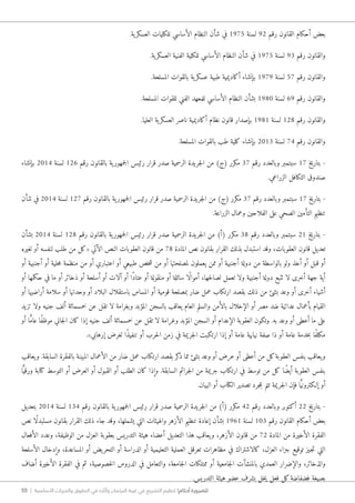 55 | ‫األساسية‬ ‫والحريات‬ ‫الحقوق‬ ‫في‬ ‫وآثاره‬ ‫البرلمان‬ ‫غيبة‬ ‫في‬ ‫التشريع‬ ‫تنظيم‬ !‫أحكام‬ ‫للضرورة‬
.‫ية‬‫العسكر‬ ‫للكليات‬ ‫الأساسي‬ ‫النظام‬ ‫شأن‬ ‫في‬ 1975 ‫لسنة‬ 92 ‫رقم‬ ‫القانون‬ ‫أحكام‬ ‫بعض‬
.‫ية‬‫العسكر‬ ‫الفنية‬ ‫للكلية‬ ‫الأساسي‬ ‫النظام‬ ‫شأن‬ ‫في‬ 1975 ‫لسنة‬ 93 ‫رقم‬ ‫والقانون‬
.‫المسلحة‬ ‫بالقوات‬ ‫ية‬‫عسكر‬ ‫طبية‬ ‫أكاديمية‬ ‫بإنشاء‬ 1979 ‫لسنة‬ 57 ‫رقم‬ ‫والقانون‬
.‫المسلحة‬ ‫للقوات‬ ‫الفني‬ ‫للمعهد‬ ‫الأساسي‬ ‫النظام‬ ‫بشأن‬ 1980 ‫لسنة‬ 69 ‫رقم‬ ‫والقانون‬
.‫العليا‬ ‫ية‬‫العسكر‬ ‫ناصر‬ ‫أكاديمية‬ ‫نظام‬ ‫قانون‬ ‫بإصدار‬ 1981 ‫لسنة‬ 128 ‫رقم‬ ‫والقانون‬
.‫المسلحة‬ ‫بالقوات‬ ‫طب‬ ‫كلية‬ ‫بإنشاء‬ 2013 ‫لسنة‬ 74 ‫رقم‬ ‫والقانون‬
‫بإنشاء‬ 2014 ‫لسنة‬ 126 ‫رقم‬ ‫بالقانون‬ ‫ية‬‫جمهور‬‫ل‬‫ا‬ ‫رئيس‬ ‫قرار‬ ‫صدر‬ ‫الرسمية‬ ‫جريدة‬‫ل‬‫ا‬ ‫من‬ )‫(ج‬ ‫مكرر‬ 37 ‫رقم‬ ‫وبالعدد‬ ‫سبتمبر‬ 17 ‫بتاريخ‬ -
.‫الزراعي‬ ‫التكافل‬ ‫صندوق‬
‫شأن‬ ‫في‬ 2014 ‫لسنة‬ 127 ‫رقم‬ ‫بالقانون‬ ‫ية‬‫جمهور‬‫ل‬‫ا‬ ‫رئيس‬ ‫قرار‬ ‫صدر‬ ‫الرسمية‬ ‫جريدة‬‫ل‬‫ا‬ ‫من‬ )‫(ج‬ ‫مكرر‬ 37 ‫رقم‬ ‫وبالعدد‬ ‫سبتمبر‬ 17 ‫بتاريخ‬ -
.‫الزراعة‬ ‫وعمال‬ ‫الفلاحين‬ ‫على‬ ‫الصحي‬ ‫التأمين‬ ‫تنظيم‬
‫بشأن‬ 2014 ‫لسنة‬ 128 ‫رقم‬ ‫بالقانون‬ ‫ية‬‫جمهور‬‫ل‬‫ا‬ ‫رئيس‬ ‫قرار‬ ‫صدر‬ ‫الرسمية‬ ‫جريدة‬‫ل‬‫ا‬ ‫من‬ )‫(أ‬ ‫مكرر‬ 38 ‫رقم‬ ‫وبالعدد‬ ‫سبتمبر‬ 21 ‫بتاريخ‬ -
‫لغيره‬ ‫أو‬ ‫لنفسه‬ ‫طلب‬ ‫من‬ ‫«كل‬ ‫الآتي‬ ‫النص‬ ‫العقوبات‬ ‫قانون‬ ‫من‬ 78 ‫المادة‬ ‫نص‬ ‫بقانون‬ ‫القرار‬ ‫بذلك‬ ‫استبدل‬ ‫وقد‬ ،‫العقوبات‬ ‫قانون‬ ‫تعديل‬
‫أو‬ ‫أجنبية‬ ‫أو‬ ‫حلية‬‫م‬ ‫منظمة‬ ‫من‬ ‫أو‬ ‫اعتباري‬ ‫أو‬ ‫طبيعي‬ ‫خص‬‫ش‬ ‫من‬ ‫أو‬ ‫لمصلحتها‬ ‫يعملون‬ ‫ممن‬ ‫أو‬ ‫أجنبية‬ ‫دولة‬ ‫من‬ ‫بالواسطة‬ ‫ولو‬ ‫أخذ‬ ‫أو‬ ‫قبل‬ ‫أو‬
‫أو‬ ‫حكمها‬ ‫في‬ ‫ما‬ ‫أو‬ ‫ذخائر‬ ‫أو‬ ‫أسلحة‬ ‫أو‬ ‫آلات‬ ‫أو‬ ‫ًا‬‫د‬‫عتا‬ ‫أو‬ ‫منقولة‬ ‫أو‬ ‫سائلة‬ ‫ًا‬‫ل‬‫أموا‬ ،‫حها‬‫ل‬‫لصا‬ ‫تعمل‬ ‫ولا‬ ‫أجنبية‬ ‫دولة‬ ‫تتبع‬ ‫لا‬ ‫أخرى‬ ‫جهة‬ ‫أية‬
‫أو‬ ‫أراضيها‬ ‫سلامة‬ ‫أو‬ ‫وحدتها‬ ‫أو‬ ‫البلاد‬ ‫باستقلال‬ ‫المساس‬ ‫أو‬ ‫قومية‬ ‫بمصلحة‬ ‫ضار‬ ‫عمل‬ ‫ارتكاب‬ ‫بقصد‬ ‫ذلك‬ ‫من‬ ‫بشئ‬ ‫وعد‬ ‫أو‬ ‫أخرى‬ ‫أشياء‬
‫تزيد‬ ‫ولا‬ ‫جنيه‬ ‫ألف‬ ‫خمسمائة‬ ‫عن‬ ‫تقل‬ ‫لا‬ ‫وبغرامة‬ ‫المؤبد‬ ‫بالسجن‬ ‫يعاقب‬ ‫العام‬ ‫والسلم‬ ‫بالأمن‬ ‫الإخلال‬ ‫أو‬ ‫مصر‬ ‫ضد‬ ‫عدائية‬ ‫بأعمال‬ ‫القيام‬
‫أو‬ ‫ا‬ ًّ‫م‬‫عا‬ ‫ًا‬‫ف‬‫موظ‬ ‫جاني‬‫ل‬‫ا‬ ‫كان‬ ‫إذا‬ ‫جنيه‬ ‫ألف‬ ‫خمسمائة‬ ‫عن‬ ‫تقل‬ ‫لا‬ ‫وغرامة‬ ‫المؤبد‬ ‫السجن‬ ‫أو‬ ‫الإعدام‬ ‫العقوبة‬ ‫وتكون‬ .‫به‬ ‫وعد‬ ‫أو‬ ‫أعطى‬ ‫ما‬ ‫على‬
.»‫إرهابي‬ ‫لغرض‬ ‫ًا‬‫ذ‬‫تنفي‬ ‫أو‬ ‫حرب‬‫ل‬‫ا‬ ‫زمن‬ ‫في‬ ‫جريمة‬‫ل‬‫ا‬ ‫ارتكبت‬ ‫إذا‬ ‫أو‬ ‫عامة‬ ‫نيابية‬ ‫صفة‬ ‫ذا‬ ‫أو‬ ‫عامة‬ ‫خدمة‬‫ب‬ ‫ًا‬‫ف‬‫مكل‬
‫يعاقب‬‫و‬ .‫السابقة‬ ‫بالفقرة‬ ‫المبينة‬ ‫الأعمال‬ ‫من‬ ‫ضار‬ ‫عمل‬ ‫ارتكاب‬ ‫بقصد‬ ‫كر‬‫ذ‬ ‫مما‬ ‫بشئ‬ ‫وعد‬ ‫أو‬ ‫عرض‬ ‫أو‬ ‫أعطى‬ ‫من‬ ‫كل‬‫العقوبة‬ ‫بنفس‬ ‫يعاقب‬‫و‬
‫ا‬ًّ‫ورقي‬ ‫كتابة‬ ‫التوسط‬ ‫أو‬ ‫العرض‬ ‫أو‬ ‫القبول‬ ‫أو‬ ‫الطلب‬ ‫كان‬ ‫وإذا‬ .‫السابقة‬ ‫جرائم‬‫ل‬‫ا‬ ‫من‬ ‫جريمة‬ ‫ارتكاب‬ ‫في‬ ‫توسط‬ ‫من‬ ‫كل‬ ‫ًا‬‫ض‬‫أي‬ ‫العقوبة‬ ‫بنفس‬
.‫البيان‬ ‫أو‬ ‫الكتاب‬ ‫تصدير‬ ‫جرد‬‫م‬‫ب‬ ‫تتم‬ ‫جريمة‬‫ل‬‫ا‬ ‫فإن‬ ‫ا‬ًّ‫ي‬‫إ�لكترون‬ ‫أو‬
‫بتعديل‬ 2014 ‫لسنة‬ 134 ‫رقم‬ ‫بالقانون‬ ‫ية‬‫جمهور‬‫ل‬‫ا‬ ‫رئيس‬ ‫قرار‬ ‫صدر‬ ‫الرسمية‬ ‫جريدة‬‫ل‬‫ا‬ ‫من‬ )‫(أ‬ ‫مكرر‬ 42 ‫رقم‬ ‫وبالعدد‬ ‫أكتوبر‬ 22 ‫بتاريخ‬ -
‫نص‬ ‫ًا‬‫ل‬‫مستبد‬ ‫بقانون‬ ‫القرار‬ ‫ذلك‬ ‫جاء‬ ‫وقد‬ ،‫يشملها‬ ‫التي‬ ‫والهيئات‬ ‫الأزهر‬ ‫تنظيم‬ ‫إعادة‬ ‫بشأن‬ 1961 ‫لسنة‬ 103 ‫رقم‬ ‫القانون‬ ‫أحكام‬ ‫بعض‬
‫الأفعال‬ ‫وعدد‬ ،‫الوظيفة‬ ‫من‬ ‫العزل‬ ‫بعقوبة‬ ‫التدريس‬ ‫هيئة‬ ‫أعضاء‬ ‫التعديل‬ ‫هذا‬ ‫يعاقب‬‫و‬ ،‫الأزهر‬ ‫قانون‬ ‫من‬ 72 ‫المادة‬ ‫من‬ ‫الأخيرة‬ ‫الفقرة‬
‫الأسلحة‬ ‫وإدخال‬ ،‫المساعدة‬ ‫أو‬ ‫يض‬‫التحر‬ ‫أو‬ ‫الدراسة‬ ‫أو‬ ‫التعليمية‬ ‫العملية‬ ‫تعرقل‬ ‫مظاهرات‬ ‫في‬ ‫كالاشتراك‬ ،‫العزل‬ ‫جزاء‬ ‫توقيع‬ ‫�جيز‬‫ت‬ ‫التي‬
‫أضاف‬ ‫الأخيرة‬ ‫الفقرة‬ ‫في‬ ‫ثم‬ ،‫خصوصية‬‫ل‬‫ا‬ ‫الدروس‬ ‫في‬ ‫والتعامل‬ ،‫جامعة‬‫ل‬‫ا‬ ‫ممتلكات‬ ‫أو‬ ‫جامعية‬‫ل‬‫ا‬ ‫بالمنشآت‬ ‫العمدي‬ ‫والإضرار‬ ،‫والذخائر‬
.‫التدريس‬ ‫هيئة‬ ‫عضو‬ ‫بشرف‬ ‫خل‬‫ي‬ ‫فعل‬ ‫كل‬‫فضفاضة‬ ‫بصيغة‬
 