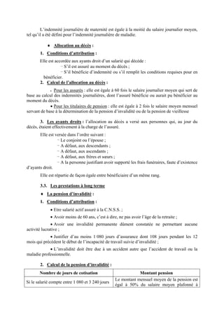 L’indemnité journalière de maternité est égale à la moitié du salaire journalier moyen,
tel qu’il a été défini pour l’indemnité journalière de maladie.
♦ Allocation au décès :
1. Conditions d’attribution :
Elle est accordée aux ayants droit d’un salarié qui décède :
- S’il est assuré au moment du décès ;
- S’il bénéficie d’indemnité ou s’il remplit les conditions requises pour en
bénéficier.
2. Calcul de l’allocation au décès :
• Pour les assurés : elle est égale à 60 fois le salaire journalier moyen qui sert de
base au calcul des indemnités journalières, dont l’assuré bénéficie ou aurait pu bénéficier au
moment du décès.
• Pour les titulaires de pension : elle est égale à 2 fois le salaire moyen mensuel
servant de base à la détermination de la pension d’invalidité ou de la pension de vieillesse
3. Les ayants droits : l’allocation au décès a versé aux personnes qui, au jour du
décès, étaient effectivement à la charge de l’assuré.
Elle est versée dans l’ordre suivant :
- Le conjoint ou l’épouse ;
- A défaut, aux descendants ;
- A défaut, aux ascendants ;
- A défaut, aux frères et sœurs ;
- A la personne justifiant avoir supporté les frais funéraires, faute d’existence
d’ayants droit.
Elle est répartie de façon égale entre bénéficiaire d’un même rang.
3.3. Les prestations à long terme
♦ La pension d’invalidité :
1. Conditions d’attribution :
• Etre salarié actif assuré à la C.N.S.S. ;
• Avoir moins de 60 ans, c’est à dire, ne pas avoir l’âge de la retraite ;
• Avoir une invalidité permanente dûment constatée ne permettant aucune
activité lucrative ;
• Justifier d’au moins 1 080 jours d’assurance dont 108 jours pendant les 12
mois qui précèdent le début de l’incapacité de travail suivie d’invalidité ;
• L’invalidité doit être due à un accident autre que l’accident de travail ou la
maladie professionnelle.
2. Calcul de la pension d’invalidité :
Nombre de jours de cotisation Montant pension
Si le salarié compte entre 1 080 et 3 240 jours
Le montant mensuel moyen de la pension est
égal à 50% du salaire moyen plafonné à
 