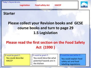 Legislation    Food safety Act      HACCP


Starter

  Please collect your Revision books and GCSE
       course books and turn to page 29
                  1.5 Legislation

 Please read the first section on the Food Safety
                    Act (1990 )

 You could describe          You could describe what       You could explain food
 HACCP                       potential hazards are in      safety act and food
                             the kitchen                   labelling regulations
 