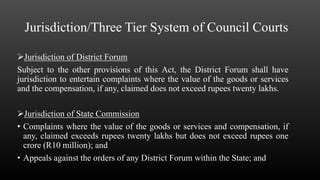 Jurisdiction/Three Tier System of Council Courts
Jurisdiction of District Forum
Subject to the other provisions of this Act, the District Forum shall have
jurisdiction to entertain complaints where the value of the goods or services
and the compensation, if any, claimed does not exceed rupees twenty lakhs.
Jurisdiction of State Commission
• Complaints where the value of the goods or services and compensation, if
any, claimed exceeds rupees twenty lakhs but does not exceed rupees one
crore (R10 million); and
• Appeals against the orders of any District Forum within the State; and
 