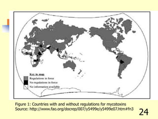 24
Figure 1: Countries with and without regulations for mycotoxins
Source: http://www.fao.org/docrep/007/y5499e/y5499e07.htm#fn3
 