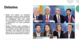 Debates
• Neste ano atípico as estações
televisivas uniram-se para organizar
30 debates televisivos entre todos
os candidatos para que estes
mesmo pudessem partilhar , debater
e argumentar as suas propostas
políticas .
• Nestes debates cada candidato é
avaliado por comentadores políticos
de variados jornais. Determina-se o
vencedor num sistema de pontos
que vai de 0 a 10 de acordo com a
opinião do jornalista sobre o debate .
 