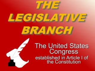 THE LEGISLATIVE BRANCH The United States Congress established in Article I of the Constitution 