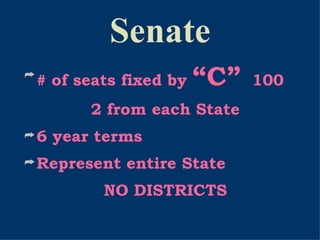 Senate # of seats fixed by  “C”    100 2 from each State 6 year terms Represent entire State NO DISTRICTS 